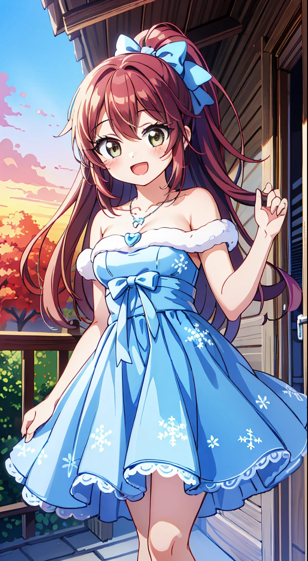 masterpiece,best quality,(Absurd realistic structure details),(High resolution complex and detailed text quality),(High resolution meticulous microstructure Hipoly3D rendering modification),geometric perspective,Careful description anatomy, BREAK, 1girl in, (Cute:1.5),(Chibi:0.5),(kawaii:2.0),(Lori:2.0),(7 year old girl),(Solo:1.65),BREAK, (flat chest:1.2,), Clear skin, Beautiful skin, Shy, One Beautiful Girl,Colossal tits(Hair Bow, reddish brown hair, High Ponytail,Large, Red Hair Ribbon:1.2), (Brown eyes, long eyelashes, Double eyelids: 1.2), Shiny skin, gleaming skin,Clear skin, Beautiful skin,( A smile:1.5), Solo,gleaming skin, Clear skin, Beautiful skin(best quality face),(Top quality glowing eyes), (The best smile,:D:1.45), 


BREAK (White and light blue theme:1.5), ((elegant style, Gorgeous):1.2), ((Light blue princess dress with white fluffy fur, light blue hoop skirt):1.4), (Snowflake symbol print on dress:1.4), ((Strapless, Bare shoulders):1.3), (very precise embroidery:1.3), (fluffy fur:1.3), (necklace made of countless gemstones:1.2), (high-heels:1.1),

BREAK 
(Red flower ornament:1.2), 

BREAK, 鎖骨,Hair intake, Hand up, Navel, Parted lips, Solo, Stomach,architecture, Blue sky, (autumn forest:1.2), wooden building, Koyasanji Temple, balconies, Blue sky, crystal clear skies, Blurry background, longshot, Standing, Sunset, thighs thighs thighs thighs, \(Fate\), Twilight,Happy,Laugh,blush,Opened mouth,Beautiful sunset,Twilight,Backlighting,Waterfall,depth of fields,
