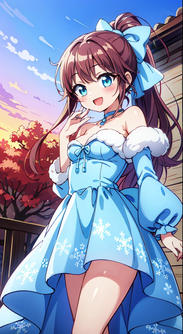 masterpiece,best quality,(Absurd realistic structure details),(High resolution complex and detailed text quality),(High resolution meticulous microstructure Hipoly3D rendering modification),geometric perspective,Careful description anatomy, BREAK, 1girl in, (Cute:1.5),(Chibi:0.5),(kawaii:2.0),(Lori:2.0),(7 year old girl),(Solo:1.65),BREAK, (flat chest:1.2,), Clear skin, Beautiful skin, Shy, One Beautiful Girl,Colossal tits(Hair Bow, reddish brown hair, High Ponytail,Large, Red Hair Ribbon:1.2), (Brown eyes, long eyelashes, Double eyelids: 1.2), Shiny skin, gleaming skin,Clear skin, Beautiful skin,( A smile:1.5), Solo,gleaming skin, Clear skin, Beautiful skin(best quality face),(Top quality glowing eyes), (The best smile,:D:1.45),
BREAK (White and light blue theme:1.5), ((elegant style, Gorgeous):1.2), ((Light blue princess dress with white fluffy fur, light blue hoop skirt):1.4), (Snowflake symbol print on dress:1.4), ((Strapless, Bare shoulders):1.3), (very precise embroidery:1.3), (fluffy fur:1.3), (necklace made of countless gemstones:1.2), (high-heels:1.1),
BREAK
(Red flower ornament:1.2),
BREAK, 鎖骨,Hair intake, Hand up, Navel, Parted lips, Solo, Stomach,architecture, Blue sky, (autumn forest:1.2), wooden building, Koyasanji Temple, balconies, Blue sky, crystal clear skies, Blurry background, longshot, Standing, Sunset, thighs thighs thighs thighs, \(Fate\), Twilight,Happy,Laugh,blush,Opened mouth,Beautiful sunset,Twilight,Backlighting,Waterfall,depth of fields,