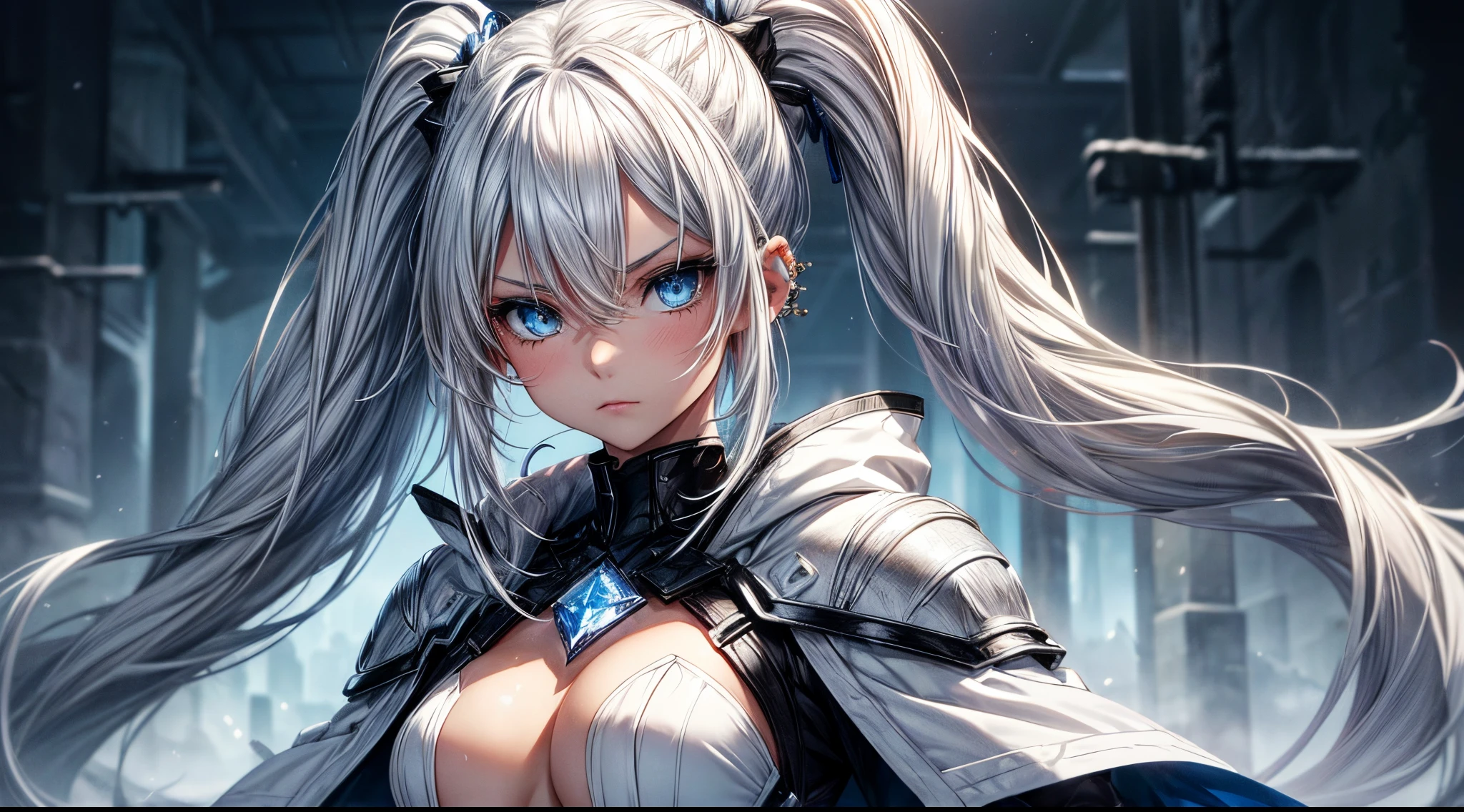 (a)woman,young,19 years old,ponytail white hair,(twintail:white hair:1.1),skin as white as snow,cold gaze,black clothes,[grey robe],cape,half body,(background:blue lights),(blue-eyed:crystal eyes),(ice blue eyes),(icy:blue eyes),(intense:blue eyes),(crystal clear eyes),(intense gaze),(sharp gaze),(piercing gaze)