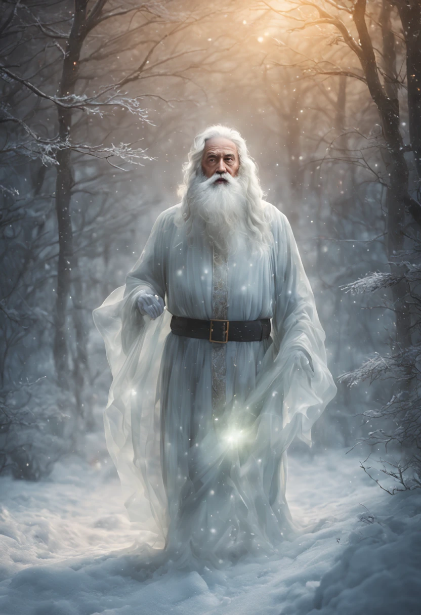 (best quality,4k,8k,highres,masterpiece:1.2),ultra-detailed,(realistic,photorealistic,photo-realistic:1.37),ghost Santa Claus,ethereal,translucent,hovering,festive,Christmas spirit,enchanting winter landscape,floating snowflakes,cosmic background,eerie aura,magical presence,faintly illuminated,lonely figure,snow-covered trees,silent night,dreamlike,airy,soft glow,celestial entity,gentle snowfall,spectral,otherworldly beauty,far-off sleigh bells,enchanted forest,distant stars,mystical atmosphere,peaceful,warm hearted,mysterious charm,whispering wind,flickering light,benevolent spirit,icy breath,kind eyes,flowing white beard,wispy clothing,mirage-like,spiritual blessing,unexpected visit,hopeful anticipation,light-hearted joy,heartwarming expression,transcendent,cheerful,peace on earth