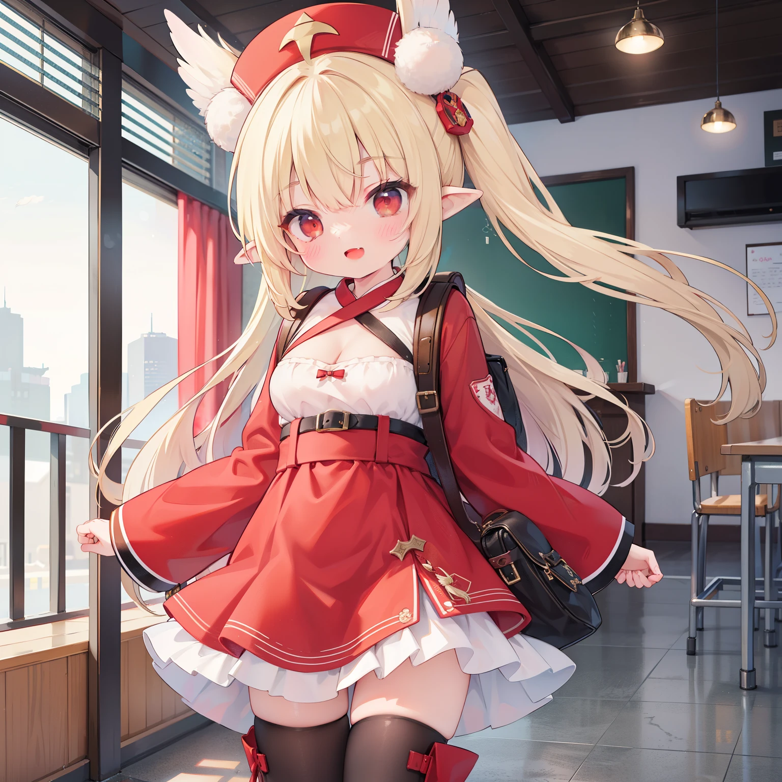 extremely detaild的 CG unified 8k wallpapers, very fine 8KCG wallpapers, hoang lap,Show on the ,Best quality at best ,ultra - detailed ,pretty face ,masterpiece、masterpiece, top-quality, 1 girl in, The girl stood、On the table, Best quality at best, 1 girl in, blasts, Corey (the original god), has cleavage, Alone, boot, mitts, red headgear, ssmile, with her mouth open, backpacks, Bao, looking at viewert, Arms spread wide, double tails, a skirt, long whitr hair, Hat feathers, brownfootwear, longer sleeves, Red dress, kneehigh boots, By bangs, ahoge, pointy ears, red eyes, :d, Blonde hair, Taxi driver hat, sox, Low double ponytail, hair between eye, kneehigh, feater, brown gauntlets, dodoco (the original god), White feathers, upper teeth only, tusk, side locks, A school bag, 围巾