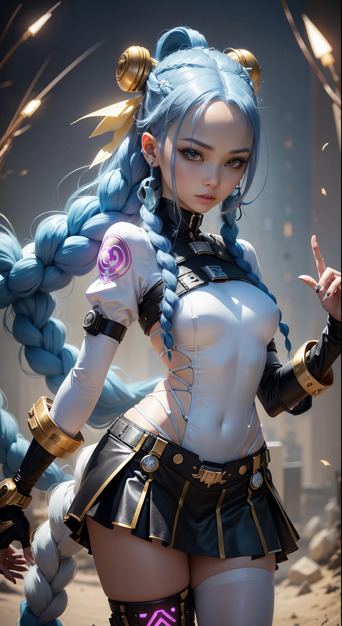 Jinx, Arcano, Jinx de League of Legends, long blue hair in braids, Double hair braids, braided hair, Minipistola,head to toe,slimfigure、White network set、White plastic tights with thin clothes, Gold gloves、 ((mini-skirts)),Wearing pink tights under the skirt、 (Full body suit that does not expose skin), shiny thin clothes、White plastic ceramic full body suit、Combined armor,Luminous bullet clip,Luminous Nuclear Power Source