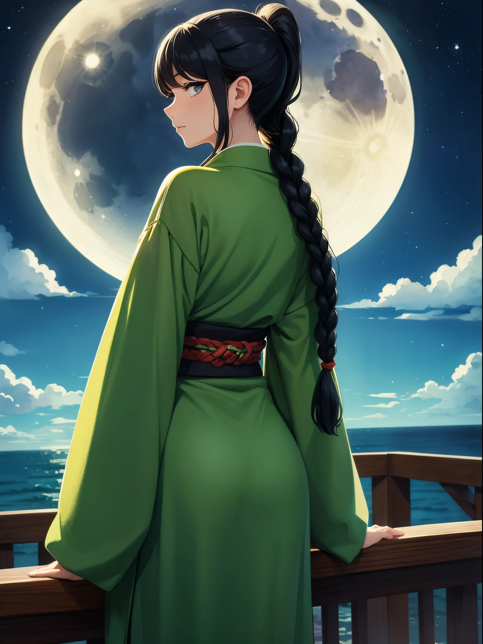 1 beautiful woman,green sweater,lower eyes,long hair,ponytail,braided hair,black hair,black eyes,from behind,sky,sunlight,cloud,night,moon,ocean,fantasy,sorrow,watercolor painting,Impressionism,masterpiece, extremely fine and beautiful,Japanese