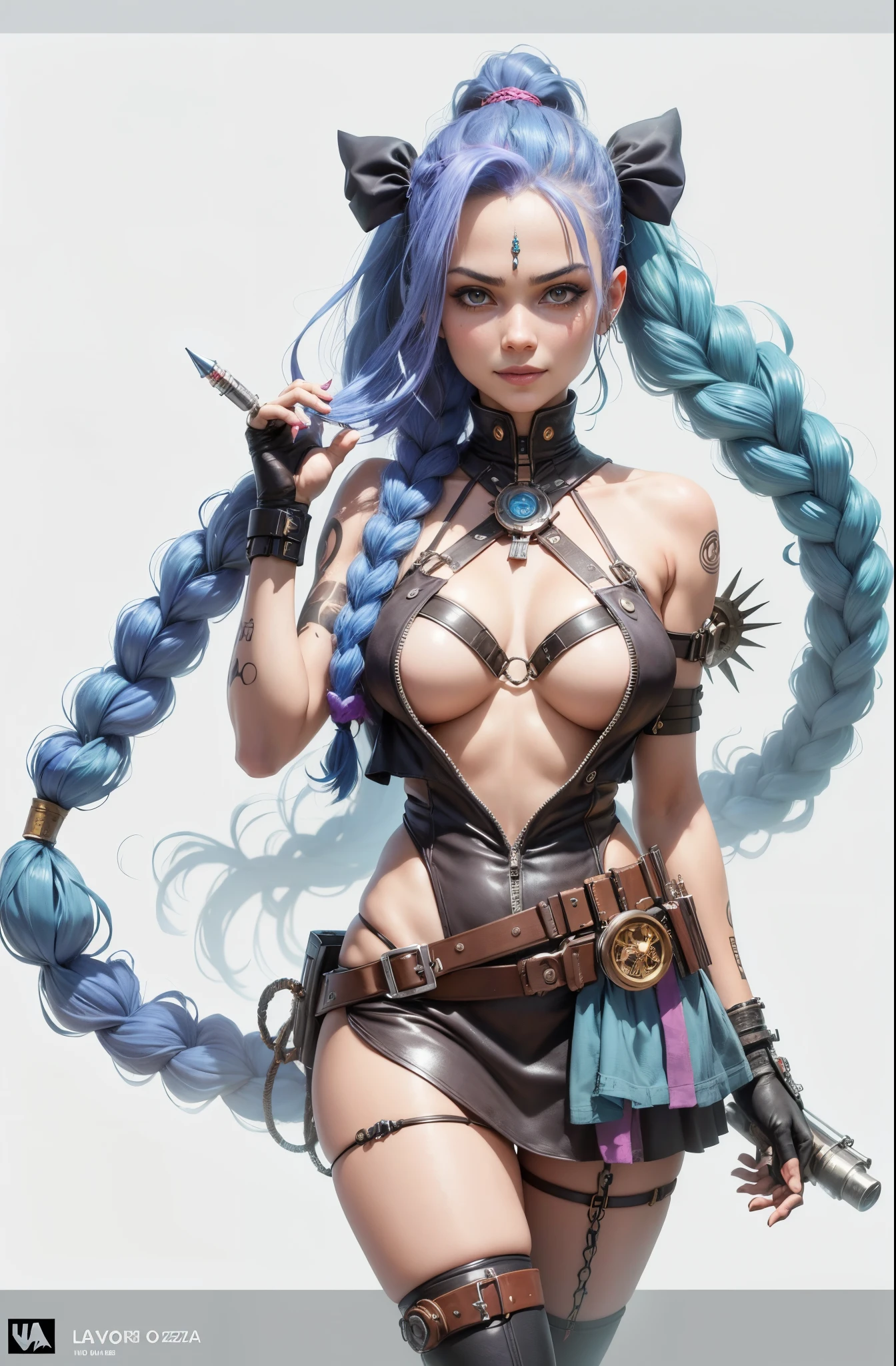 Jinx, Arcano, Jinx de League of Legends, long blue hair in braids, Double hair braids, braided hair, Minipistola, light juxtaposition& Sombra, Moody, intenso, feroz, Cinematic lighting, luz de raking, longas sombras luminosas, alta qualidade, smiling as he holds a artillery-shaped rocket launcher, rosto estilo anime, Corpo Perfeito, Steampunk clockpunk