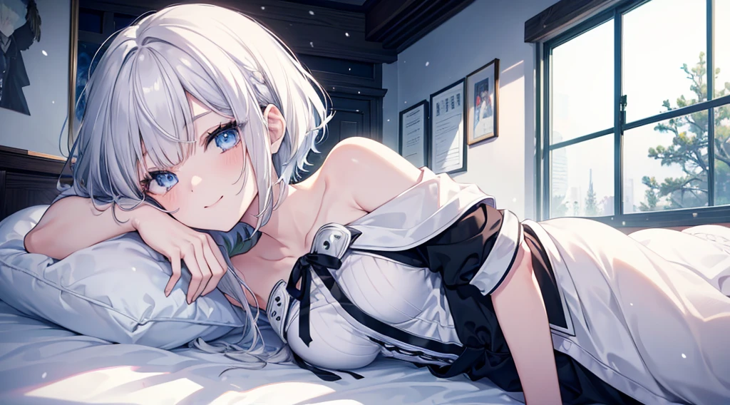 mid-shot, Look at viewers, hands behind back, girl with, 20 years old, Very short hair, long bangs between eyes, hair over shoulder, Grey Hair, Floating hair, ^ ^, pale blue eyes, Short dress, Hoodie, Skirt, Bare shoulder, White clothes, , Extremely detailed,(​masterpiece、top-quality)、独奏、1womanl、White hair、the tips of the hair are blue、Blue eyes、A smile、White skin as clear as snow、Small breasts, Silver hair, Blue eyes, Beautiful eyes,  Girl, Ecstasy, charmed, be smitten with audience, Hoodie, Hoodie with open front, Shoulder out,on the beds,inside in room,laying on back