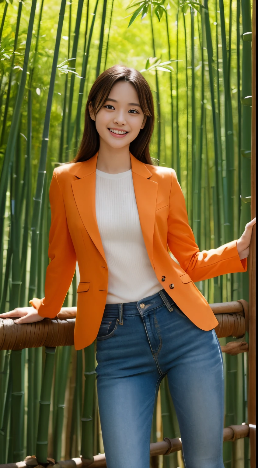 On a vibrant autumn afternoon，Figure 1 is from the highest quality 8K masterpiece.3，Shows a 19 year old girl。She is wearing an orange blazer and skinny jeans，Sitting quietly in the bamboo forest。Sunlight shines through mottled bamboo leaves，A layer of soft light and shadow enveloped her body。Her skin looks fairer in the sun，Contrast with orange blazer。 from this angle，we can see the girl&#39;of the whole body。She is slim and healthy，This sportswear suits her figure very well，show her energetic image。Her legs spread naturally，Cross your hands at your waist，appear confident and powerful。 That girl&#39;The eyes are bright and determined，smiling and looking into the camera，It seems to be telling a story about struggle and hard work.。Her smile is like the autumn sunshine shining in the bamboo forest，Make people feel the vitality of youth and vitality of life。in this picture，We seem to feel her inner determination and love for life。 Surrounded by dense bamboo forest，Abundant greenery，The river is gurgling，Create dynamic scenes with girls。This scene is like a passionate poem，Telling about the beautiful time in autumn afternoon。