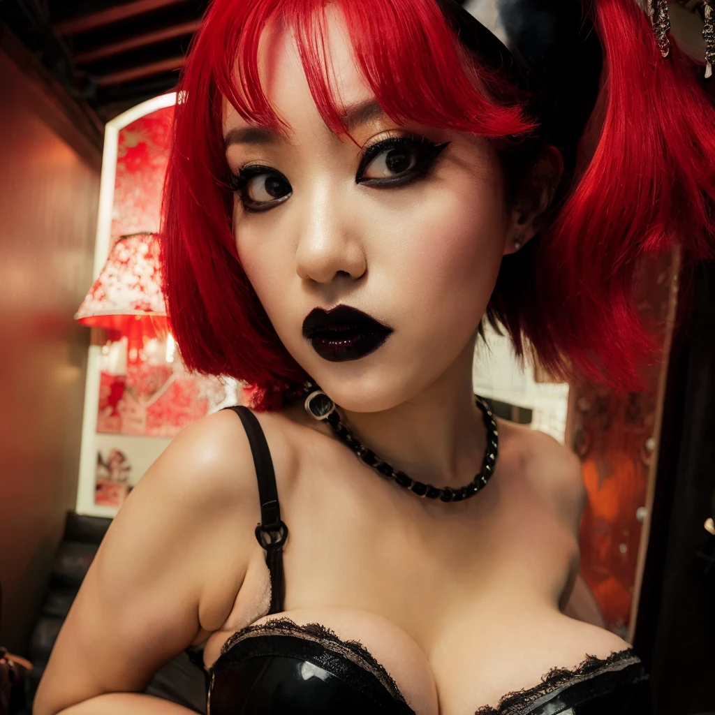 there is a woman with red hair and black makeup posing for a picture, cruel korean goth girl, inspired by Shinoda Toko, inspired by Tadanori Yokoo, black and red, japanese gothic, red and black, goth clown girl, goth girl, huge breasts, wearing atsuko kudo latex outfit, black and red hair, in red and black, shortstackbt, 
ankymoore