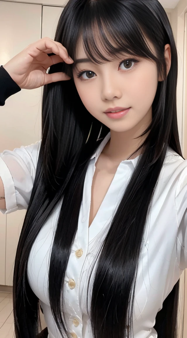 Wearing a white school uniform、brunette arafid asian schoolgirl, Those girls' The avatar is cute and exquisite, The smile is a bit cute, young and lovely Asian face, Young and cute Korean face, Cute and exquisite side face avatar, Beautiful Asian schoolgirl, Gorgeous young Korean schoolgirl, Smile is cute and charming, sweetly laugh, slight smile expression, 8K soft light portrait shooting,8K, Ultra-fine smooth black shampoo,straight, silky black hair,black long straight hair,Silky black hair trembling,Smooth black long straight hair,Her straight, Silky brunette dances non-stop,Smooth black straight hair keeps flying,Extremely smooth straight hair,Super Long Straight Hair,Very soft,black hair color hair, Straight hair one meter long,A Lot of Hair,Hair strands are clearly visible,The hair is thick,Top hair quality,The hair is too smooth,Hair is unusually smooth,The shine of the hair is dazzling,