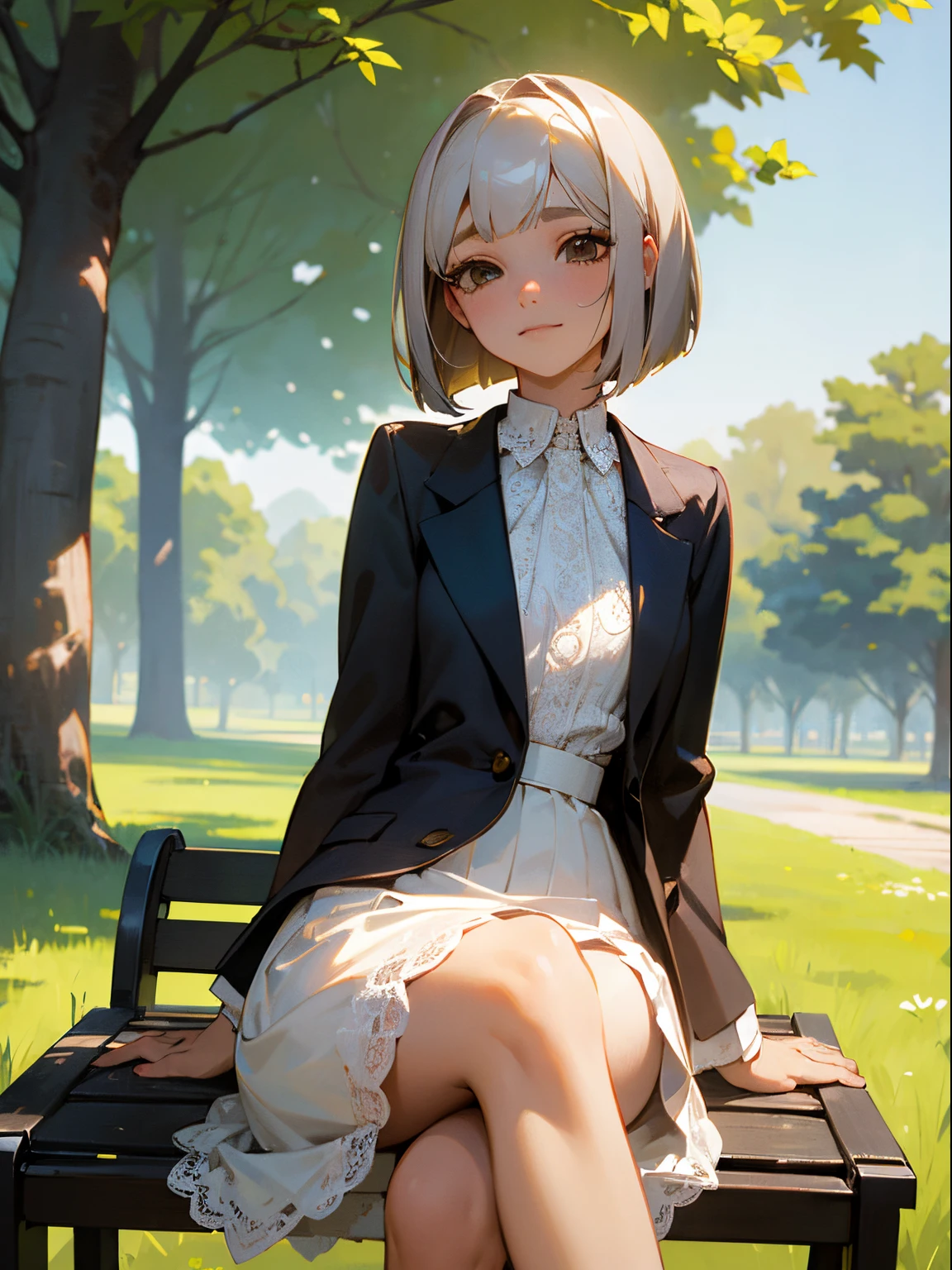 Sunny day, Elegant photo of a girl in a blazer dress, (swollen eyes:1.05), (White lace shirt), Platinum Brown Hair, (angled bob:1.4), flat bangs, (floting hair), slightly smile, Happy, happiness, high skin detail, pores skin, stunning innocent symmetry face, long eyelashes, black eyeliner, light golden eyeshadow,(Sitting down on a bench), crossed_Legs, emotional, the wind, Park, the trees, grass, Masterpiece, Best Quality, Photorealistic,