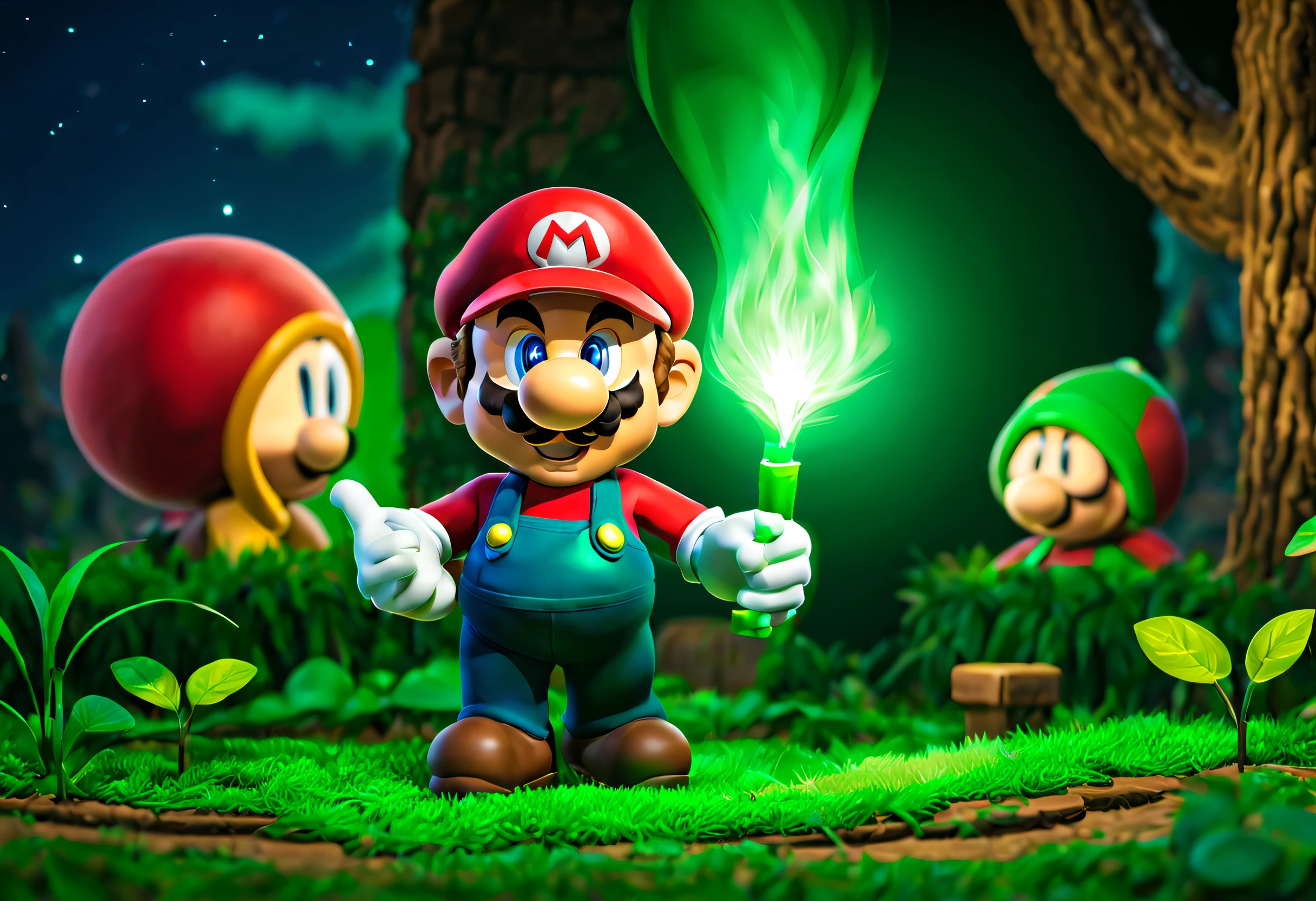 ((magia+Fantastical+Glowing light)(green color,Thanksgiving,turkey:1.8)(themoon),super mario bros style)