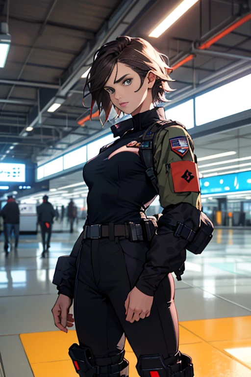 Um rosto como Alexandra Daddario, middlebreasts, (round breasted female), vestindo um traje de voo verde escuro da Marinha dos Estados Unidos, cabelo cortado pixie, cabelo preto cortado, (olhos amarelos: 1.1), rosto realista, lighting dramatic, , botas militares, tarde da noite, tiro de cowboy, Standing outside on an airport runway, design por Yoji Shinkawa