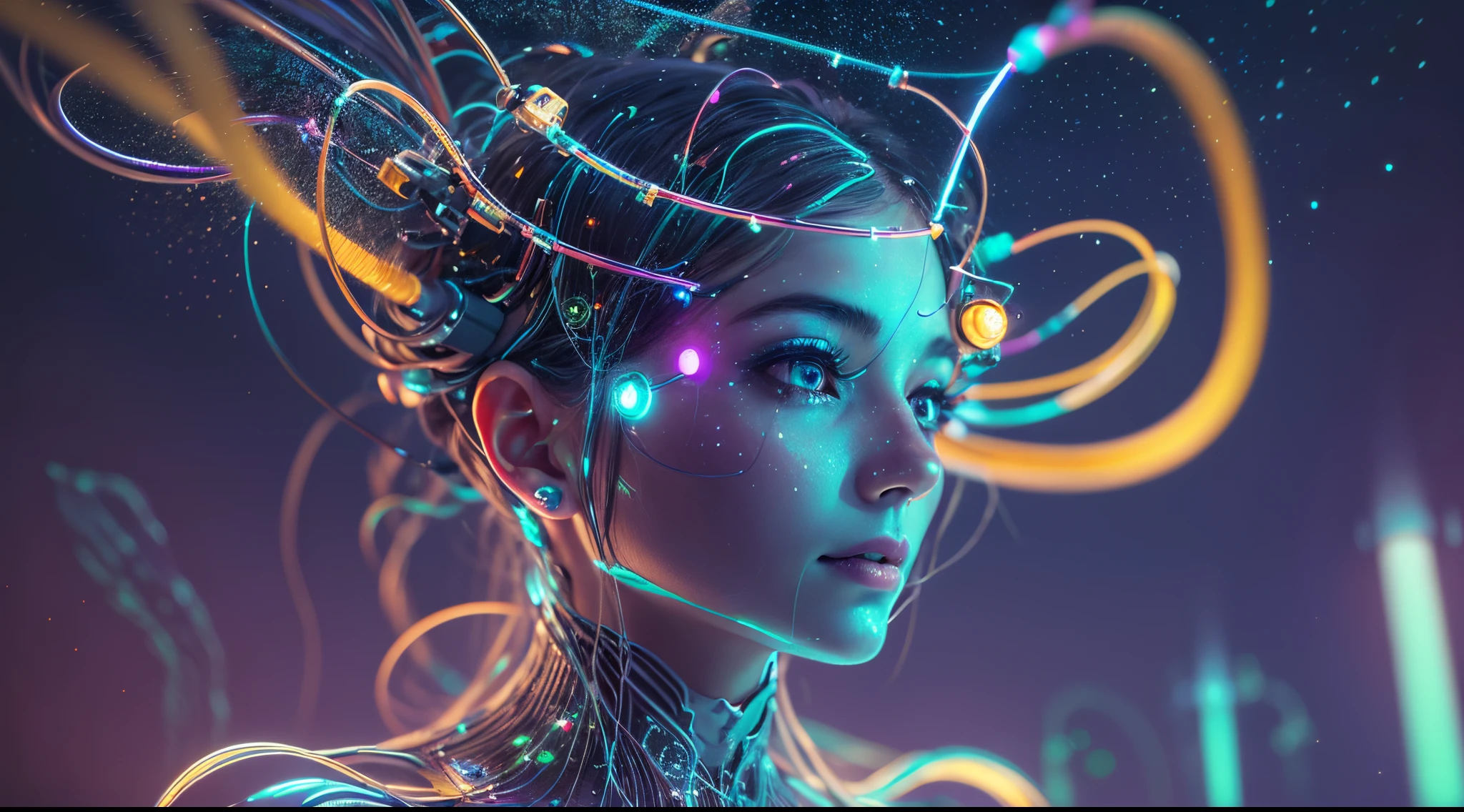 a girl with multiple wires attached to head, (((full body))), active pose, low angle, wide angle, perfect face, perfect eyes, perfect anatomy, long legs, underwater, particles, diamonds, sparkling dots, bioluminiscent, lab in background, magic realism, sci-fi, gradient colors, cinematic lighting, ultra-detailed, realism, ultra-realism