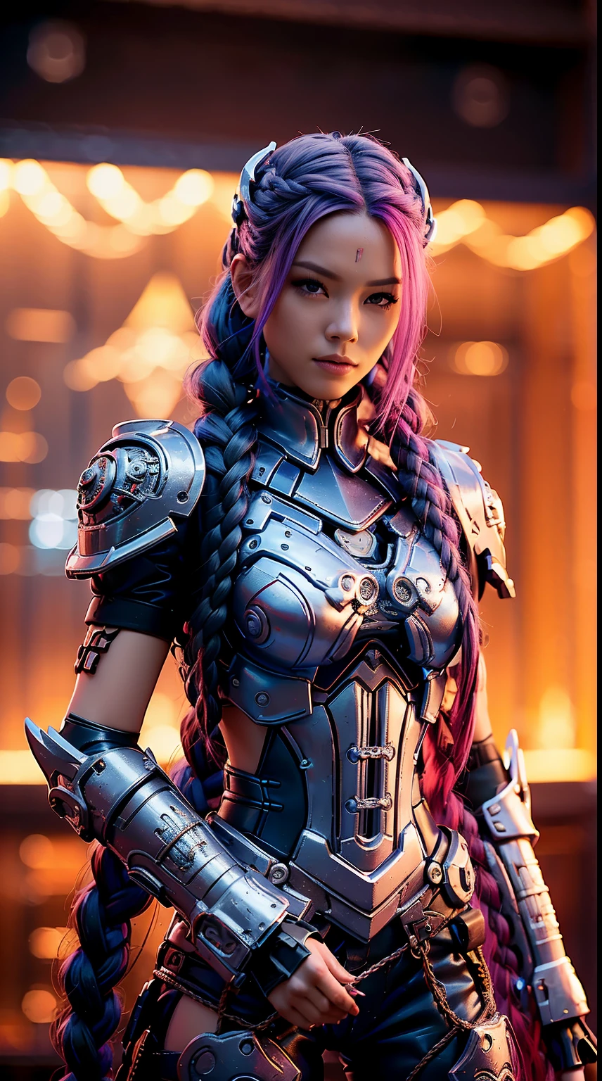 Jinx, Arcano, Jinx de League of Legends, long blue hair in braids, Double hair braids, braided hair, Minipistola, light juxtaposition& Sombra, Moody, intenso, feroz, Cinematic lighting, luz de raking, longas sombras luminosas, alta qualidade, smiling as he holds a shark-shaped rocket launcher, rosto estilo anime, Corpo Perfeito, Steampunk clockpunk