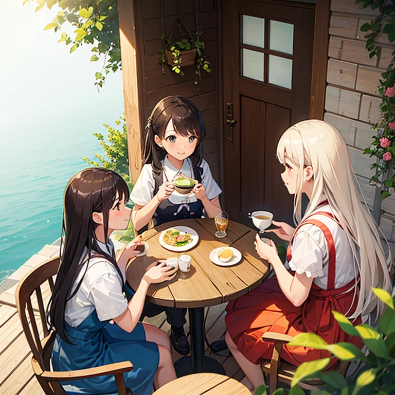 Three girls having tea on the terrace outside、Three people are sitting around one table、Oblique view from above、kawaii、face perfect、takeout、Nice weather、cafes