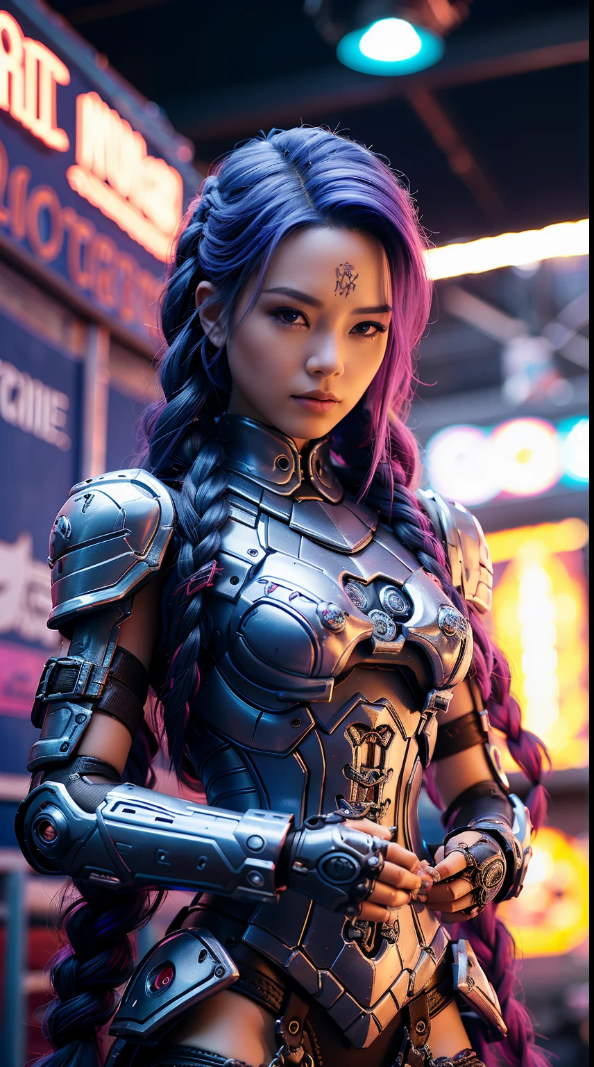 Jinx, Arcano, Jinx de League of Legends, long blue hair in braids, Double hair braids, braided hair, Minipistola, light juxtaposition& Sombra, Moody, intenso, feroz, Cinematic lighting, luz de raking, longas sombras luminosas, alta qualidade, smiling as he holds a shark-shaped rocket launcher, rosto estilo anime, Corpo Perfeito, Steampunk clockpunk