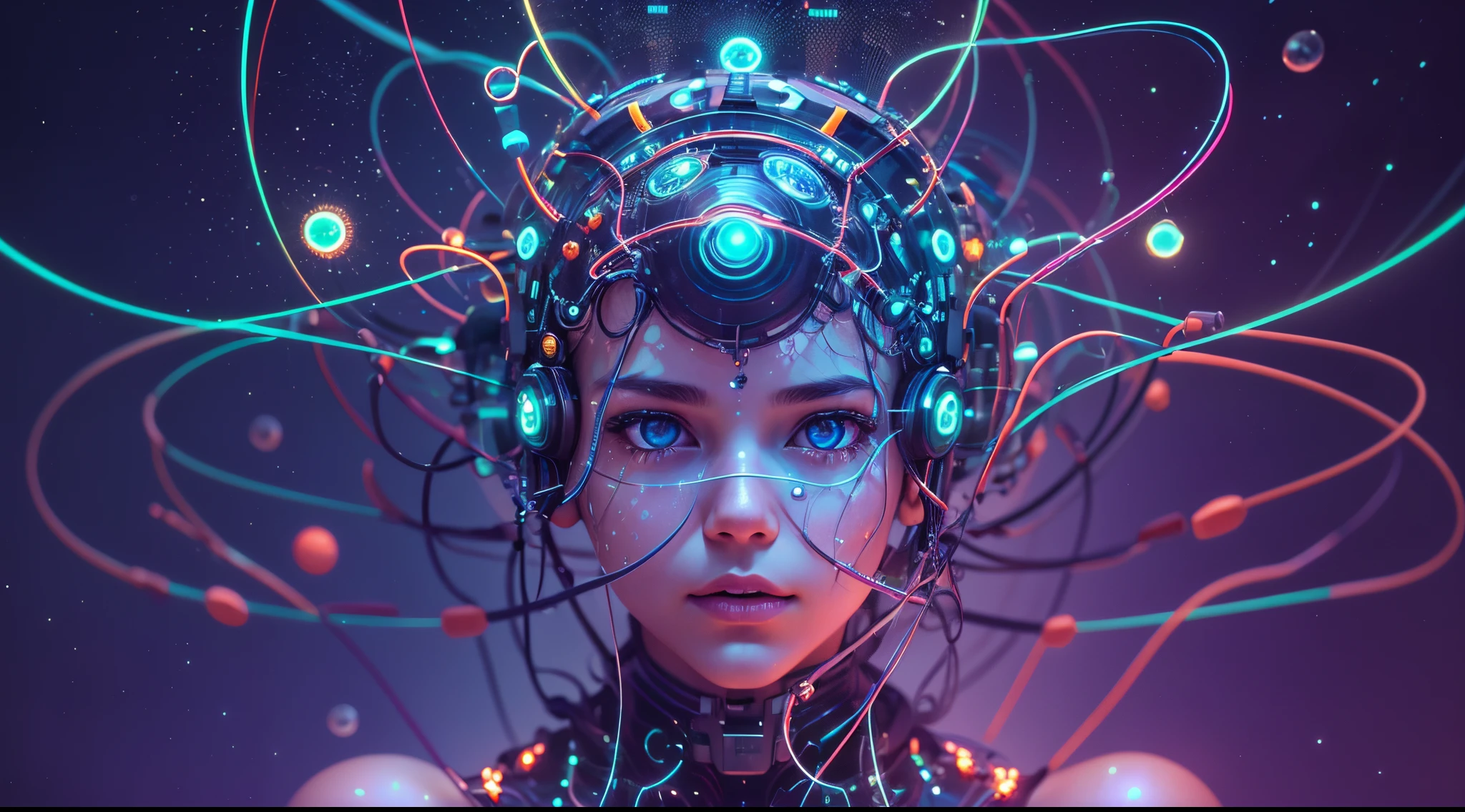a girl with multiple wires attached to head, (((full body))), active pose, low angle, wide angle, perfect face, perfect eyes, perfect ???????, long legs, underwater, particles, diamonds, sparkling dots, bioluminiscent, lab in background, magic realism, sci-fi, gradient colors, cinematic lighting, ultra-detailed, realism, ultra-realism