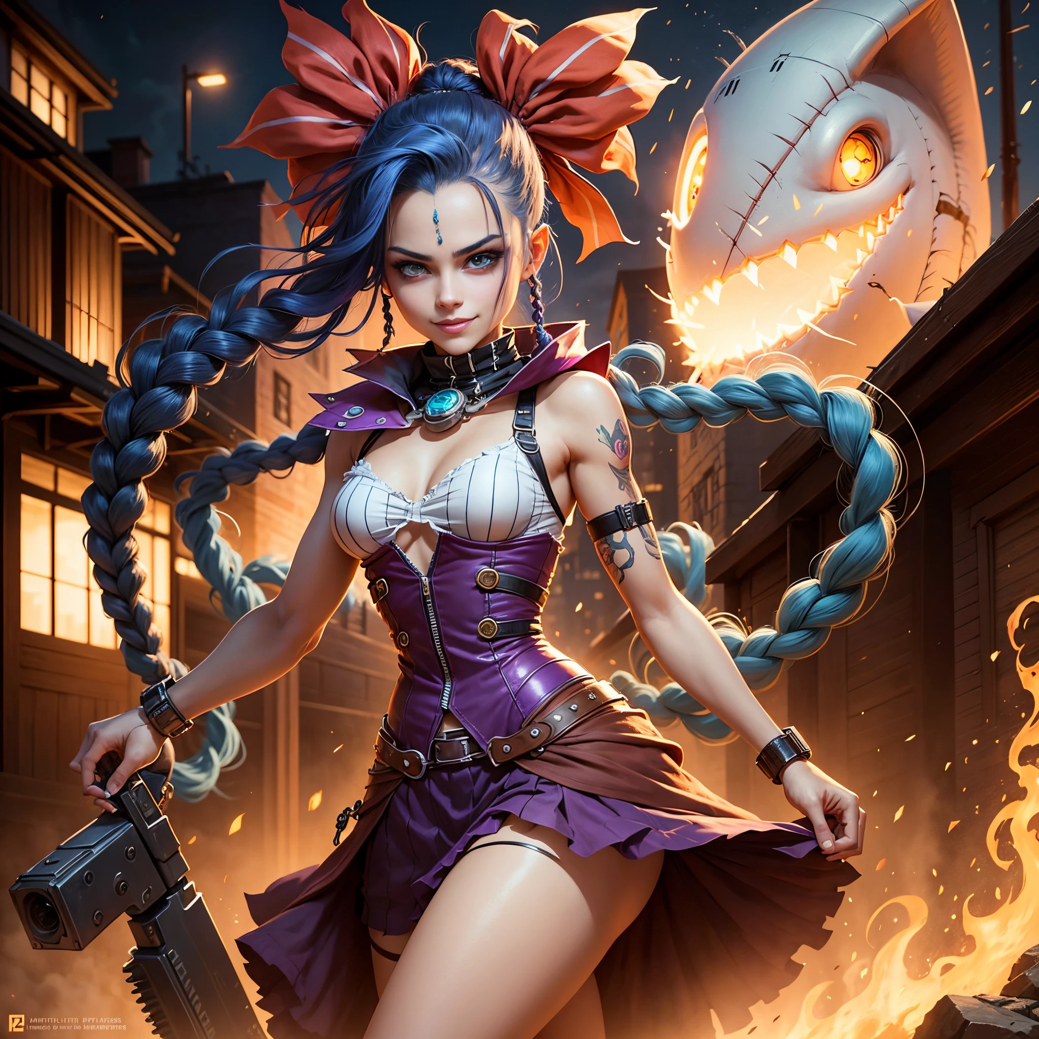 Jinx, Arcano, Jinx de League of Legends, long blue hair in braids, Double hair braids, braided hair, Minipistola, light juxtaposition& Sombra, Moody, intenso, feroz, Cinematic lighting, luz de raking, longas sombras luminosas, alta qualidade, smiling as he holds a shark-shaped rocket launcher, rosto estilo anime, Corpo Perfeito, Steampunk clockpunk