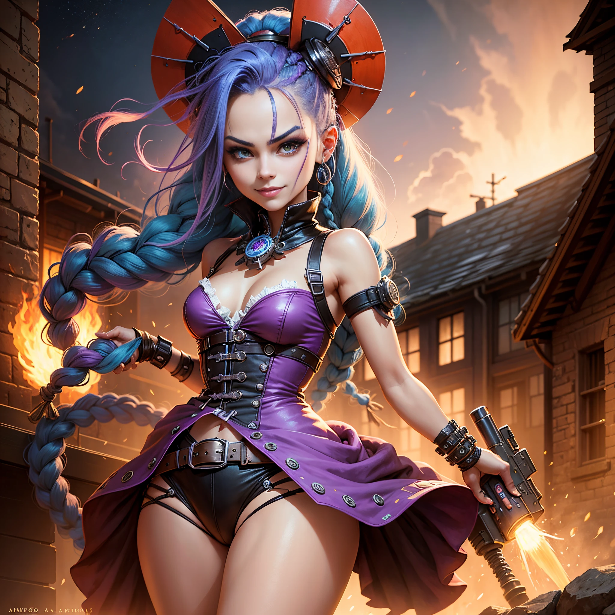 Jinx, Arcano, Jinx de League of Legends, long blue hair in braids, Double hair braids, braided hair, Minipistola, light juxtaposition& Sombra, Moody, intenso, feroz, Cinematic lighting, luz de raking, longas sombras luminosas, alta qualidade, smiling as he holds a shark-shaped rocket launcher, rosto estilo anime, Corpo Perfeito, Steampunk clockpunk