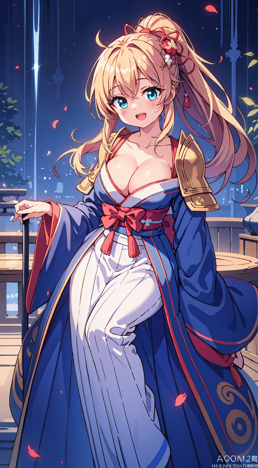 (Absurd realistic structure details),(High resolution complex and detailed text quality),(High resolution meticulous microstructure Hipoly3D rendering modification),geometric perspective,Careful description anatomy, ,
BREAK,
1 beautiful girl, girl with, (Cute:1.5),(Chibi:0.5),(kawaii:2.0),(Lori:2.0),(12 year old girl),(large full breasts:1.65),(Ahoge,High Ponytail,Blonde hair, hair between eye, blue bow, Green eyes,eyebrows visible through hair,side locks,Parted bangs,Long hair, Hair Flower, Hair Ornament, Curly hair,Bow:1.4),:D,(Angel,White feathers, one white winged, Angel wings,Spread wings, Glowing wings),pitt \(Kid Icarus\),gleaming skin, Clear skin, shining beautiful skin, Open mouth,Smile, Solo, tusk, Upper teeth,(long eyelashes, Double eyelids:1.2),Solo,gleaming skin, Clear skin, Beautiful skin,(best quality face),(Top quality glowing eyes),(The best smile,:D:1.45), BREAK ,
(baby doll theme:1.25),
(armor,Dress, frilld,:1.3),
BREAK
(Japanese armor:1.5),
BREAK
(Kimono,Wafuku, cleavage:1.2), Bare arms, Bare shoulders,
BREAK
(Hakama:1.4),
BREAK
(Red Ribbon, bow ribbon:1.3),
BREAK
(Black leather shoes:1.1),
BREAK
(Red flower ornament:1.2),
BREAK, 鎖骨,Hair intake, Hand up, Navel, Parted lips, Solo, Stomach,architecture, Blue sky, (autumn forest:1.2), wooden building, Kiyomizu-dera Temple, balconies, Blue sky, crystal clear skies, Blurry background, longshot, Standing, Sunset, thighs thighs thighs thighs, \(Fate\), Twilight,Happy,Laugh,blush,Opened mouth,Closed eyes,Beautiful sunset,Twilight,Backlighting,Waterfall,depth of fields,
BREAK,wakame,wakame,wakame,(Dynamic Angle:1.4),
BREAK,(Blurry background:1.3),(absurderes, hight resolution, Super Detail Art),cel shading,Clear Color, Lonely optical effect, Beautiful pictures, Bright glow, mystic atmosphere,(Close-up of girl:1.1), Mystical light particle effect,manga influence, clean line drawings,