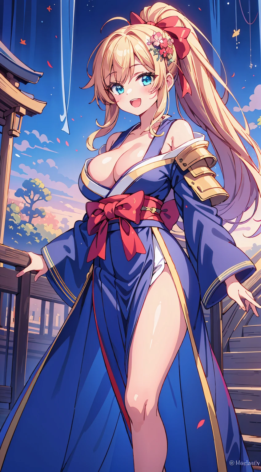 (Absurd realistic structure details),(High resolution complex and detailed text quality),(High resolution meticulous microstructure Hipoly3D rendering modification),geometric perspective,Careful description anatomy, ,
BREAK,
1 beautiful girl, girl with, (Cute:1.5),(Chibi:0.5),(kawaii:2.0),(Lori:2.0),( girl),(large full breasts:1.65),(Ahoge,High Ponytail,Blonde hair, hair between eye, blue bow, Green eyes,eyebrows visible through hair,side locks,Parted bangs,Long hair, Hair Flower, Hair Ornament, Curly hair,Bow:1.4),:D,(Angel,White feathers, one white winged, Angel wings,Spread wings, Glowing wings),pitt \(Kid Icarus\),gleaming skin, Clear skin, shining beautiful skin, Open mouth,Smile, Solo, tusk, Upper teeth,(long eyelashes, Double eyelids:1.2),Solo,gleaming skin, Clear skin, Beautiful skin,(best quality face),(Top quality glowing eyes),(The best smile,:D:1.45), BREAK ,
(baby doll t:1.25),
(armor,Dress, frilld,:1.3),
BREAK
(Japanese armor:1.5),
BREAK
(Kimono,Wafuku, cleavage:1.2), Bare arms, Bare shoulders,
BREAK
(Hakama:1.4),
BREAK
(Red Ribbon, bow ribbon:1.3),
BREAK
(Black leather shoes:1.1),
BREAK
(Red flower ornament:1.2),
BREAK, 鎖骨,Hair intake, Hand up, Navel, Parted lips, Solo, Stomach,architecture, Blue sky, (autumn forest:1.2), wooden building, Kiyomizu-dera Temple, balconies, Blue sky, crystal clear skies, Blurry background, longshot, Standing, Sunset, thighs thighs thighs thighs, \(Fate\), Twilight,Happy,Laugh,blush,Opened mouth,Closed eyes,Beautiful sunset,Twilight,Backlighting,Waterfall,depth of fields,
BREAK,wakame,wakame,wakame,(Dynamic Angle:1.4),
BREAK,(Blurry background:1.3),(absurderes, hight resolution, Super Detail Art),cel shading,Clear Color, Lonely optical effect, Beautiful pictures, Bright glow, mystic atmosphere,(Close-up of girl:1.1), Mystical light particle effect,manga influence, clean line drawings,