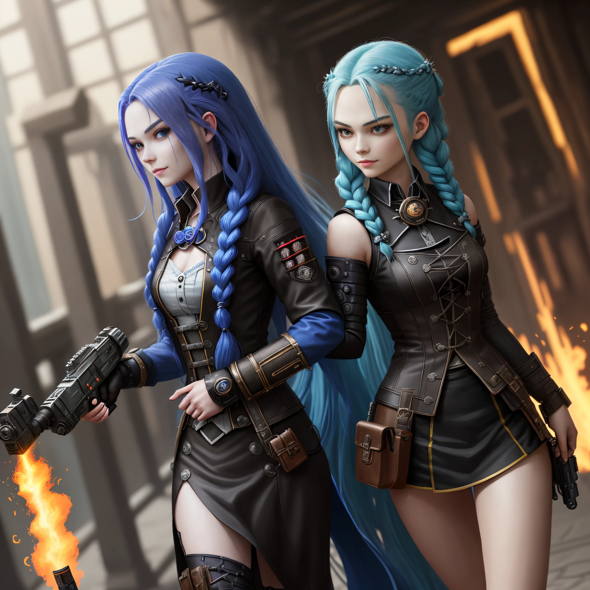 doom, Arcane, 《league of legend》Jinx in, Long blue hair in braids, double braids, Braided hair, mini pistol, juxtaposition of light& shadowing, moodiness, vehement, Ferocious, 电影灯光, Luce Drake, long dark shadow, high qulity, Smiling and holding rocket launcher, anime《Rosto estilo》, perfect bodies, steampunk clockpunk