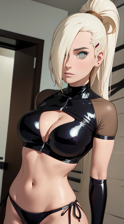 Ino Yamanaka, Neves, Sat,Fission,sorrir,Ser vermelho no rosto,Dentro de casa no quarto,Close-up em close-up,with a good figure,medium large breasts,Os seios caem imediatamente,seios cerrados,Apertado, black latex bikini,both arms behind the back,bunda perfeita,view of the back, coxas