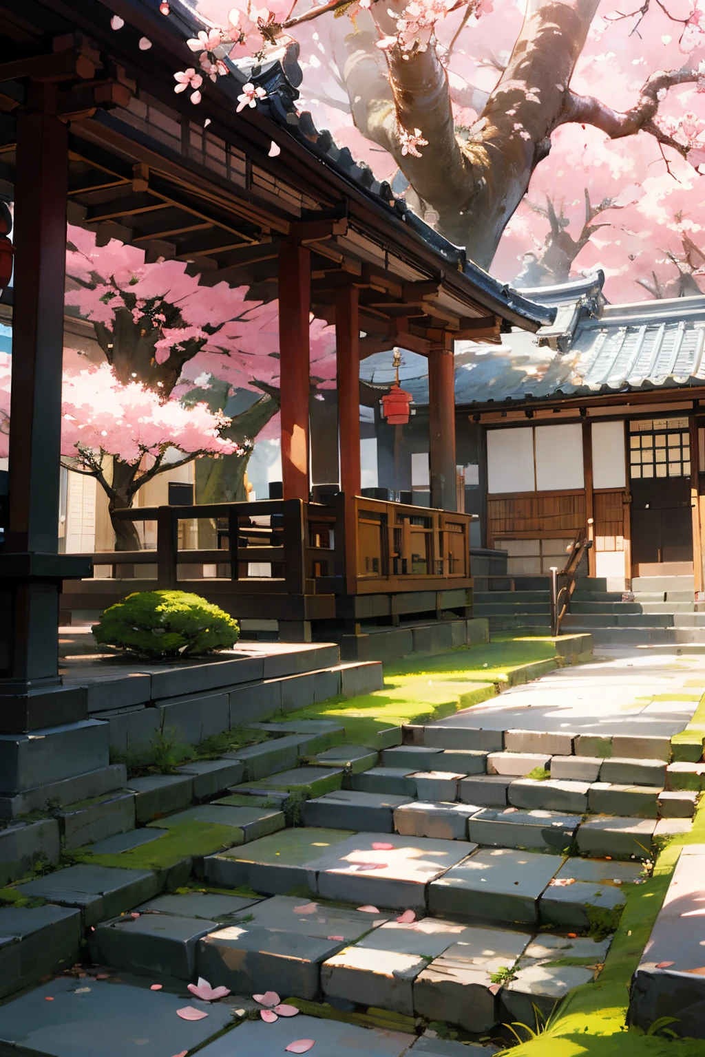 In the heart of Kyoto during the sakura season, a narrow stone path winds through a historic district. Traditional wooden machiya houses line the street, adorned with lanterns and blooming cherry blossoms. The soft petals of the sakura dance in the wind, creating a carpet of pink and white on the ground. A hidden courtyard reveals a peaceful koi pond surrounded by moss-covered stone lanterns and a wooden teahouse. The distant sound of a shakuhachi flute adds to the serene atmosphere. Capture the timeless beauty and tranquility of a Kyoto spring day, emphasizing the elegance of Japanese traditional architecture and the fleeting beauty of cherry blossoms.