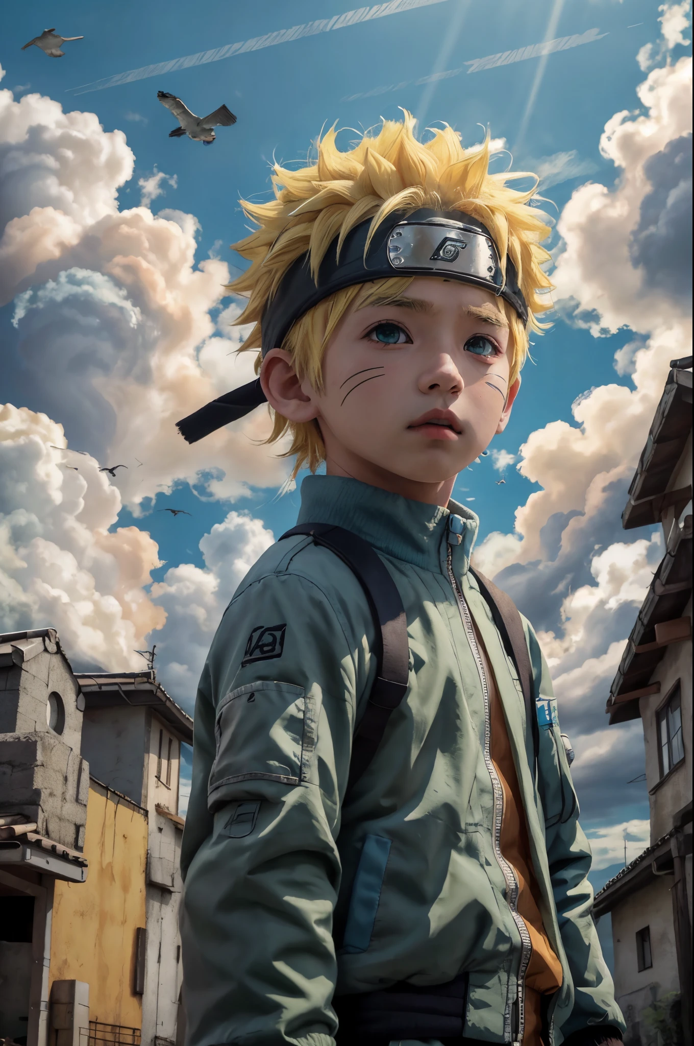 chibinaruto, 1boy, blonde hair, male focus, solo, sky, green eyes, cloud, day, whisker markings, bird, blue sky, male child, jacket, outdoors, upper body, cloudy sky