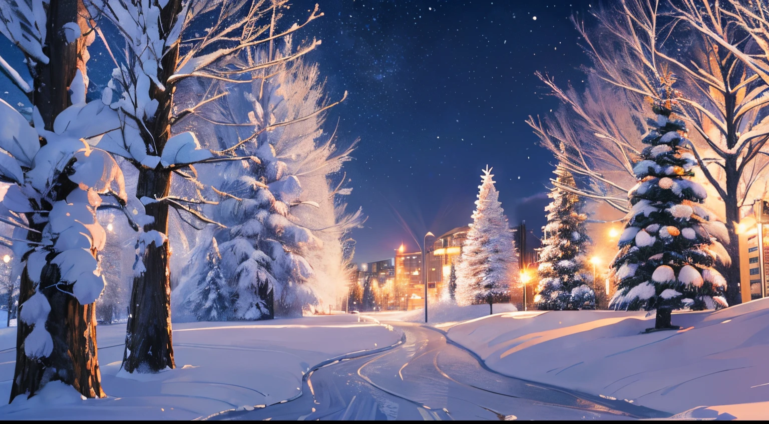 (Best Quality, hight resolution, Ultra-detailed:1.1), snowy winter landscape, Christmas atmosphere, snow-covered spruce trees in the background, Sparkling Snowflakes, cozy and festive mood, bright colours, soft natural lighting, Park and skyscrapers.