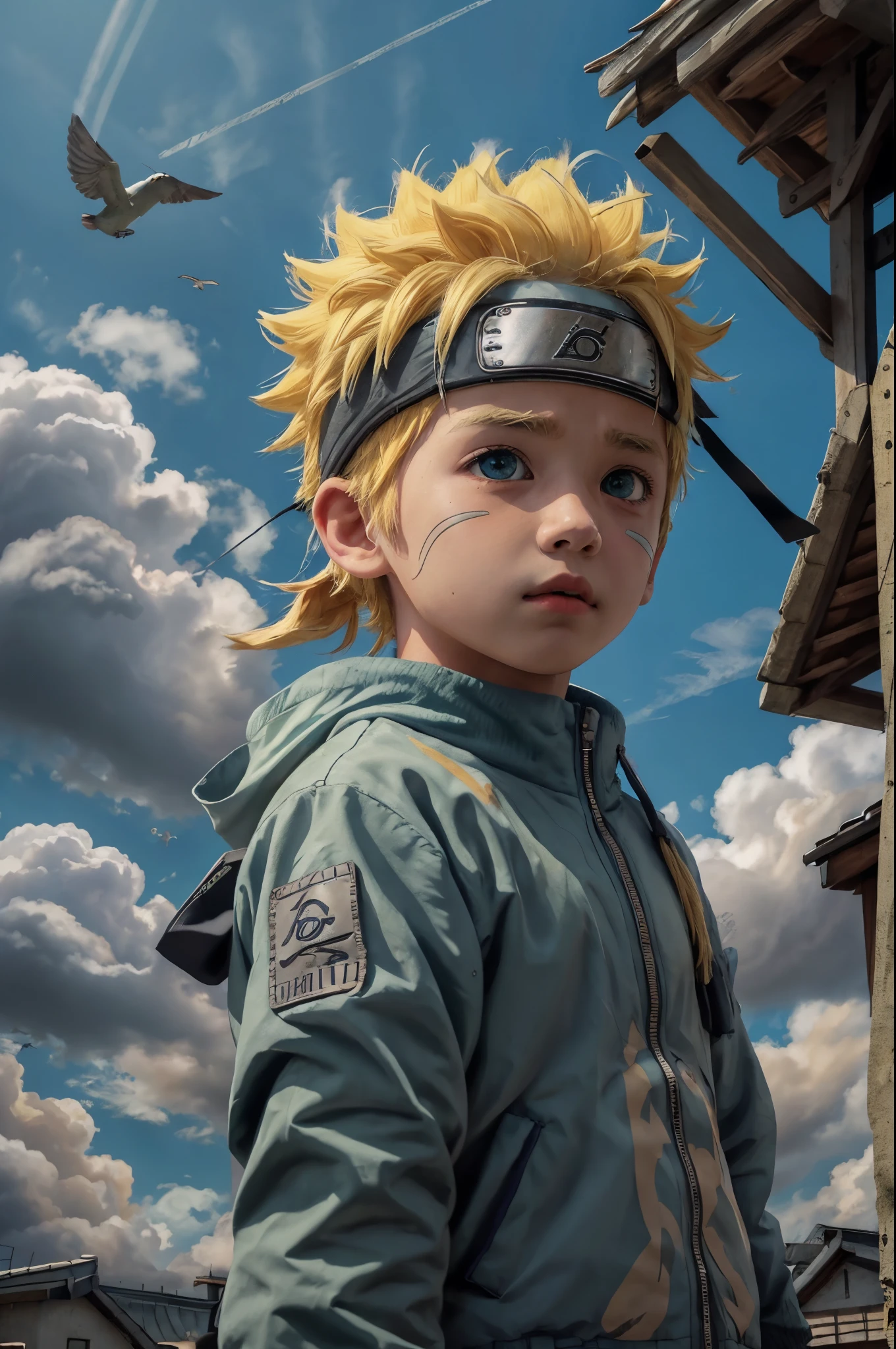 chibinaruto, 1boy, blonde hair, male focus, solo, sky, green eyes, cloud, day, whisker markings, bird, blue sky, male child, jacket, outdoors, upper body, cloudy sky