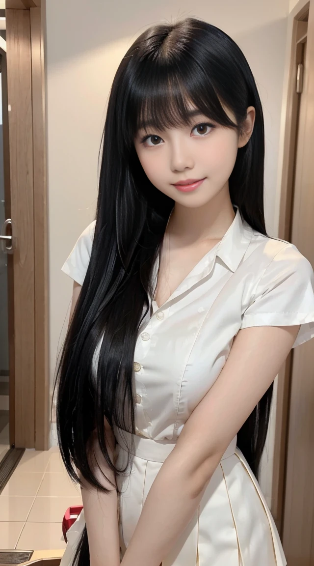 Wearing a white school uniform、brunette arafid asian schoolgirl, Those girls' The avatar is cute and exquisite, The smile is a bit cute, young and lovely Asian face, Young and cute Korean face, Cute and exquisite side face avatar, Beautiful Asian schoolgirl, Gorgeous young Korean schoolgirl, Smile is cute and charming, sweetly laugh, slight smile expression, 8K soft light portrait shooting,8K, Ultra-fine smooth black shampoo,straight, silky black hair,black long straight hair,Silky black hair trembling,Smooth black long straight hair,Her straight, Silky brunette dances non-stop,Smooth black straight hair keeps flying,Extremely smooth straight hair,Super Long Straight Hair,Very soft,black hair color hair, Straight hair one meter long,A Lot of Hair,Hair strands are clearly visible,The hair is thick,Top hair quality,The hair is too smooth,Hair is unusually smooth,The shine of the hair is dazzling,