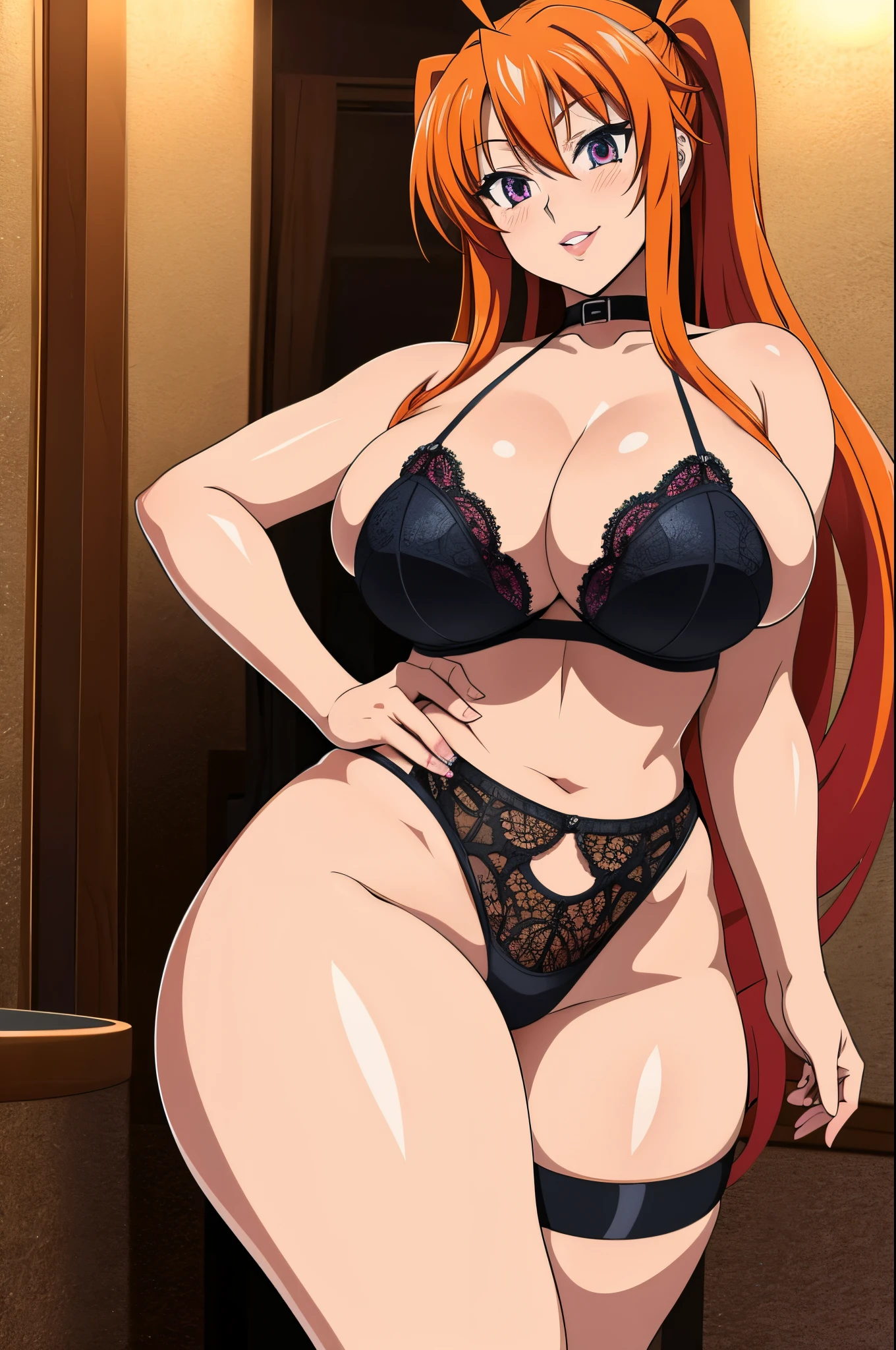Masterpiece, high resolution, beautiful detailed face, Highschool Dxd art style, Irina Shidou, 1 girl, ((bimbo))), long orange hair, beautiful purple eyes, thick lips, painted lips, erotic smile face, blushing, wide hips, thick thighs, thick, huge breast, huge round ass, oily shiny skin, black panties, black bra, black lingerie, tall,