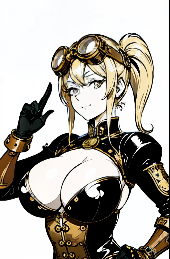 (Cloisonnism:1.2), White background , 1 view from above, dutch angle, 1girl as steampunk blond haired woman with goggles and gloves posing for a picture, steam punk style, steampunk pin-up girl, breasts shortstackBT, glamourous cosplay, steampunk style, rococo , wearing steampunk attire, steampunk!, reasonable design, Clear lines, (lineart, monochrome)