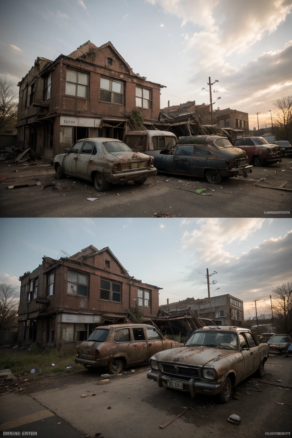 "Abandoned cities, postapocalyptic, desolated, Crumbling building, Overgrown with plants, spooky ambiance, Abandoned vehicles, unforgettably beautiful, dramatic lights, rusted metal, rotten building, Restoring urban landscapes naturally."