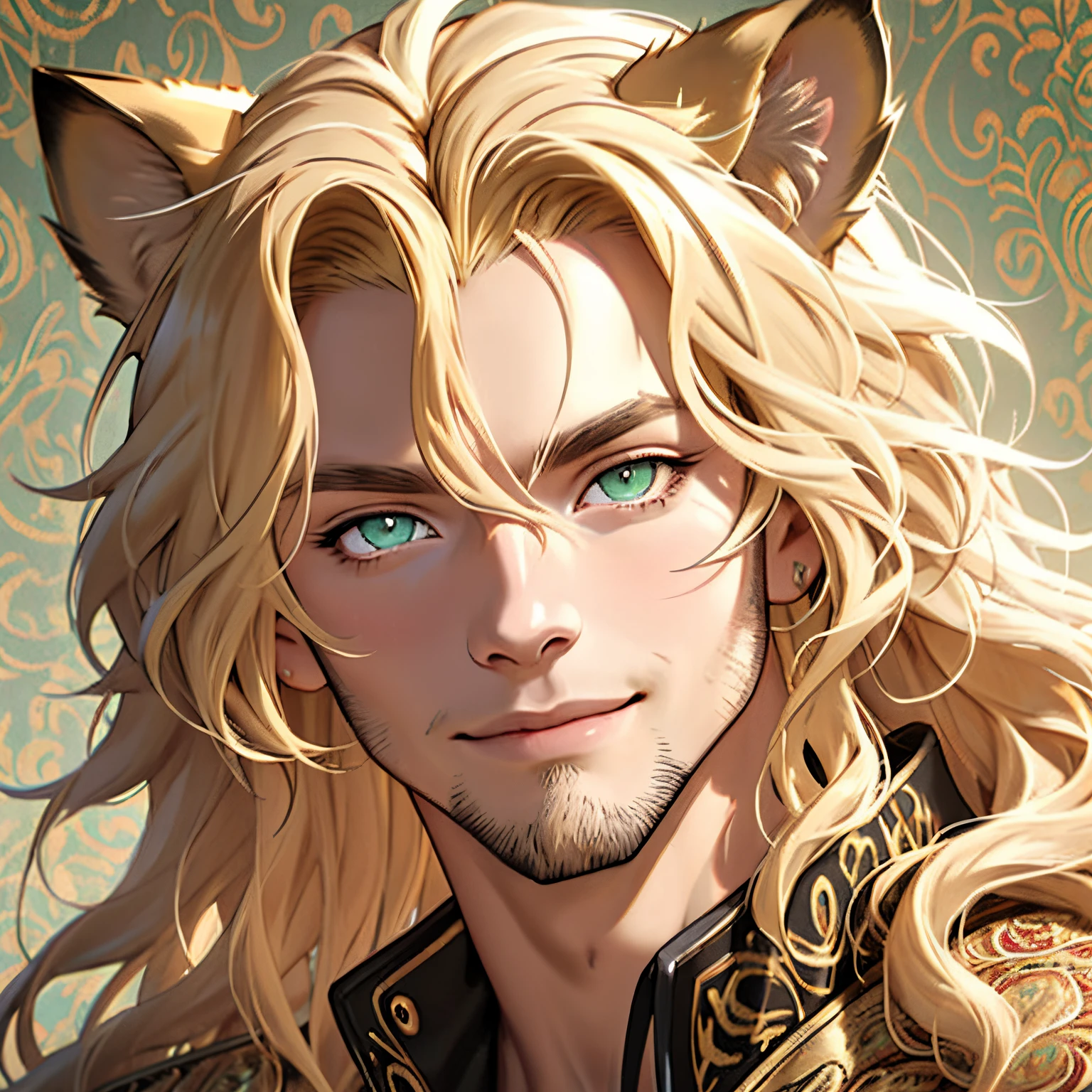 Fur coat, One male, lion ears, long hair, blond, blond hair, green eyes, tall, muscular, beautiful face, highest quality, masterpiece, 3d, anime, perfect face, highest detail, feline eyes, short facial hair, lion tail, wavy hair, bust shot, detailed face, intricate details, paisley background, smile, solo, close up