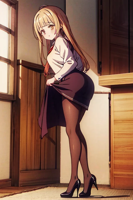 mulher pequena com Cabelo Amarelo usando um Vestido Curto Preto, pantyhose and high heels, lifting her skirt with her hands and showing her red panties, mahiru shiina