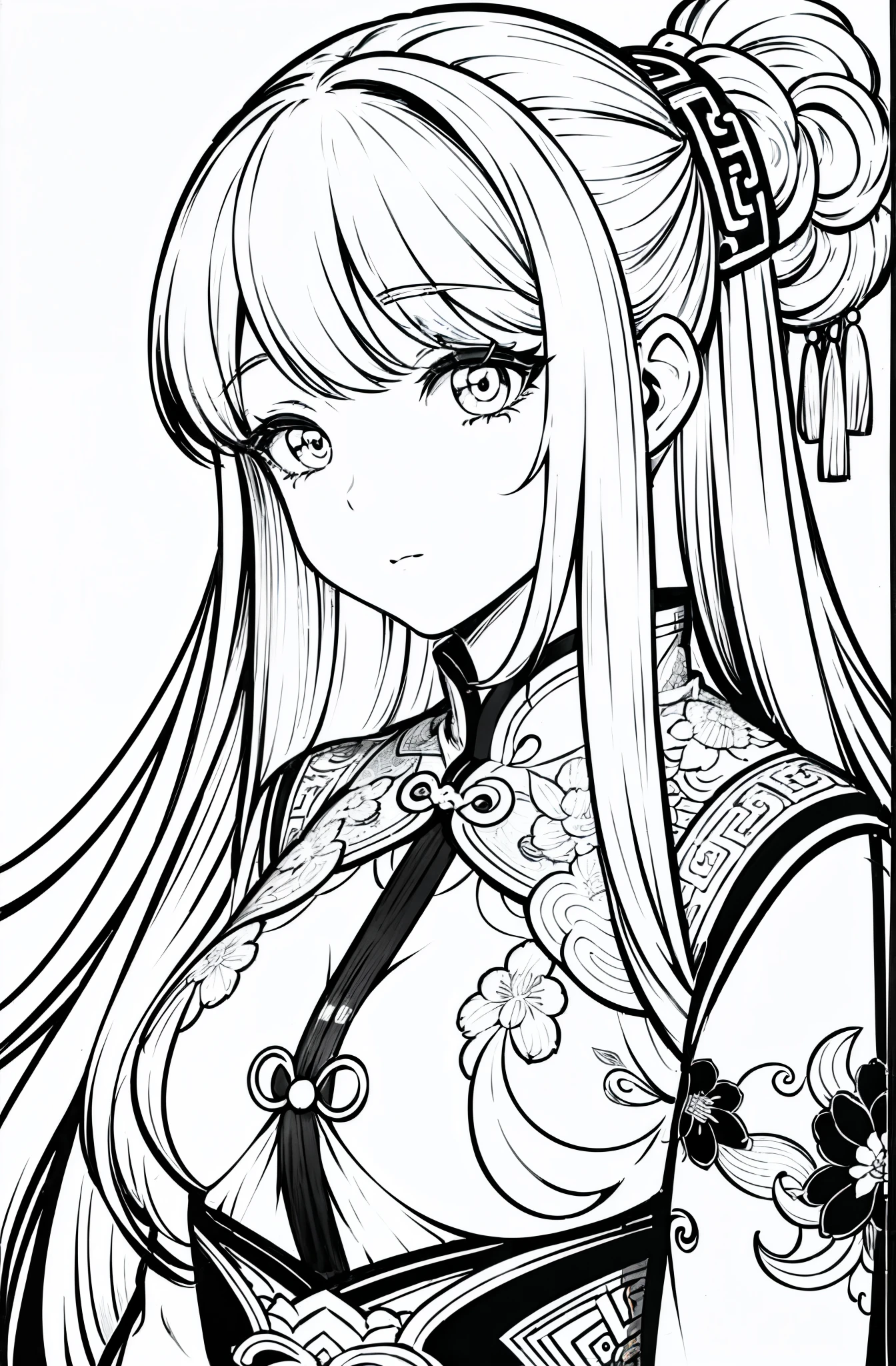 1woman,(solo),40s,mature female,medium breasts,(((middle parted hair))),(white background,line drawing),(naked),long hair,white hair,fangs,reaching out,(mouth veil),