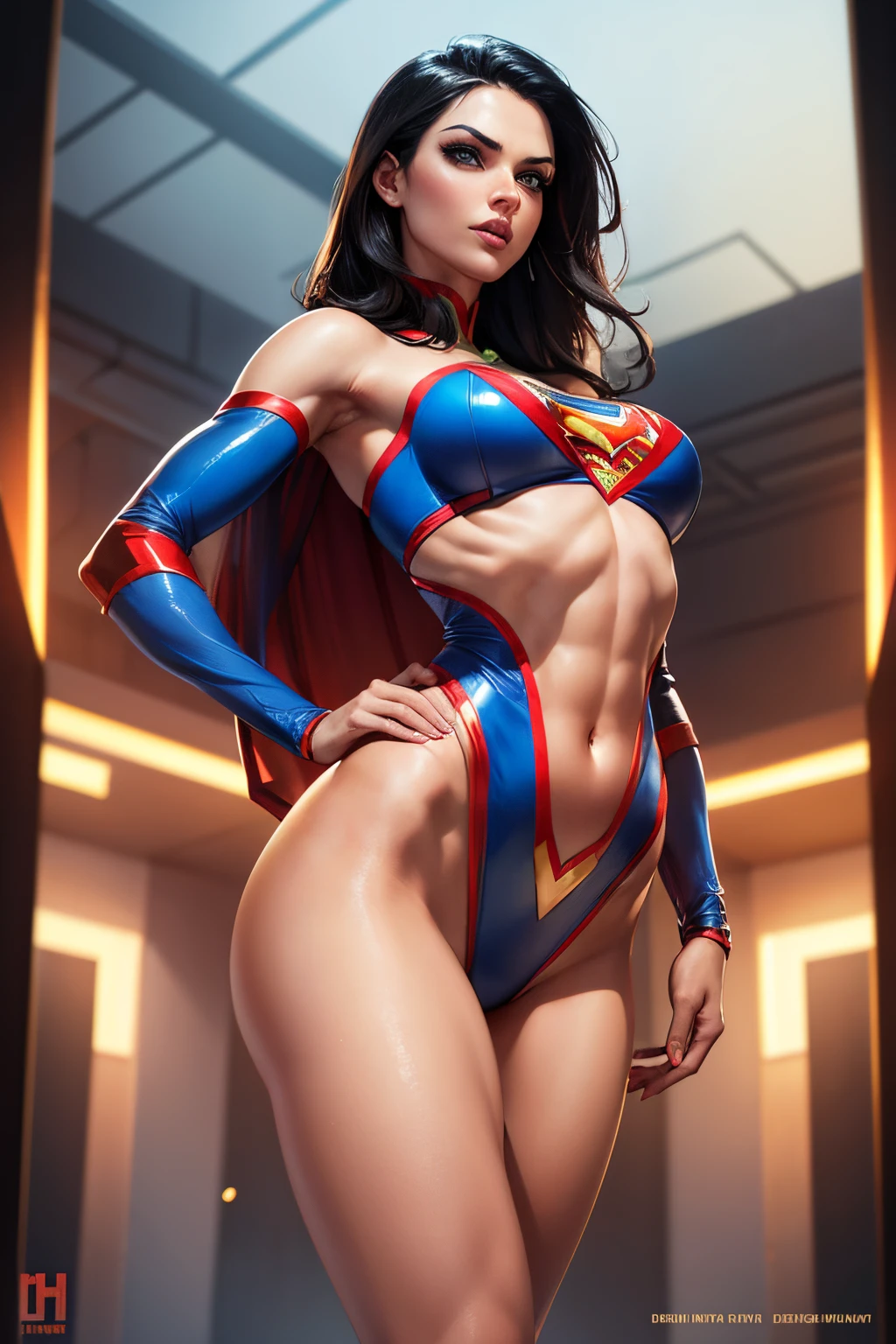 Sexy superwoman wearing very thin costume, front view, Exercise and a healthy body, naughty, Debauchery, Perfect hands, Detailed hands, perfect eyes, A detailed eye, flirt, sexy for, naughty, posing on a, Keep your hands and arms at your sides, Large and lively, actual, HighDynamicRange, hyper HD, dynamic,Abs