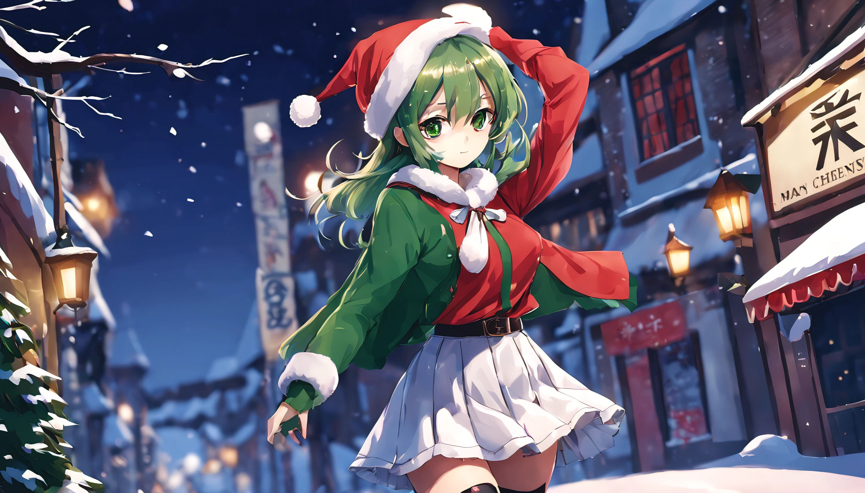 A stunning anime girl, big green eyes, wearing a top and a short skirt in the style of Christmas, red and white, a town decorated for Christmas, snow, absurdres, high res, ultrasharp, 8K, masterpiece, looking at viewer