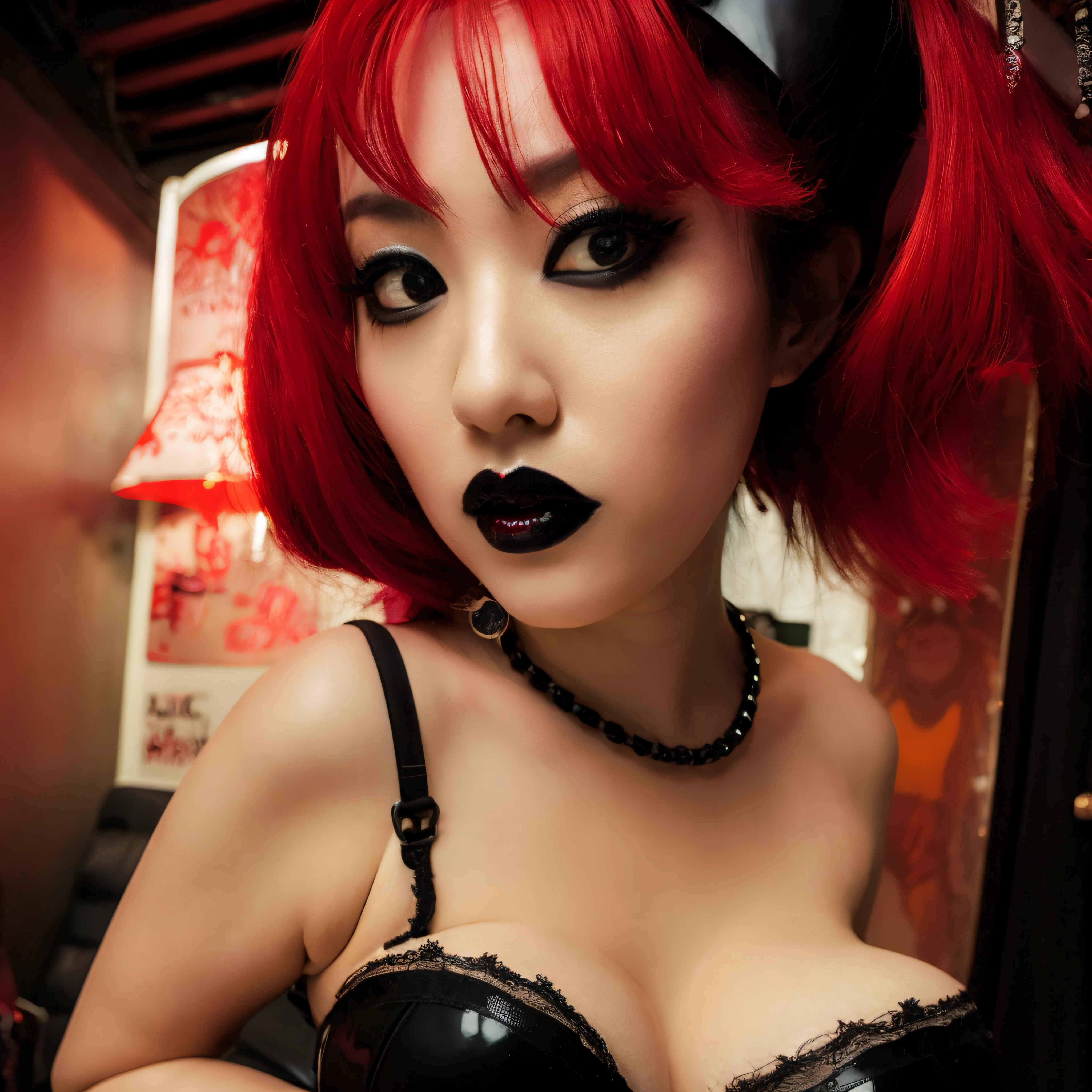 there is a woman with red hair and black makeup posing for a picture, cruel korean goth girl, inspired by Shinoda Toko, inspired by Tadanori Yokoo, black and red, japanese gothic, red and black, goth clown girl, goth girl, huge breasts, wearing atsuko kudo latex outfit, black and red hair, in red and black