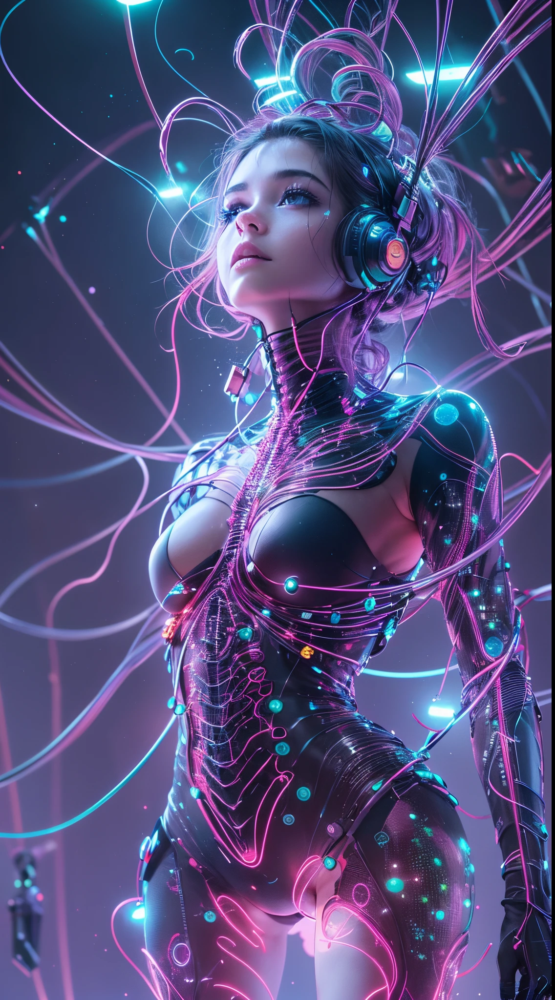 a girl with multiple wires attached to head, (((full body))), active pose, low angle, wide angle, perfect face, perfect eyes, perfect anatomy, long legs, underwater, particles, diamonds, sparkling dots, bioluminiscent, lab in background, magic realism, sci-fi, gradient colors, cinematic lighting, ultra-detailed, realism, ultra-realism