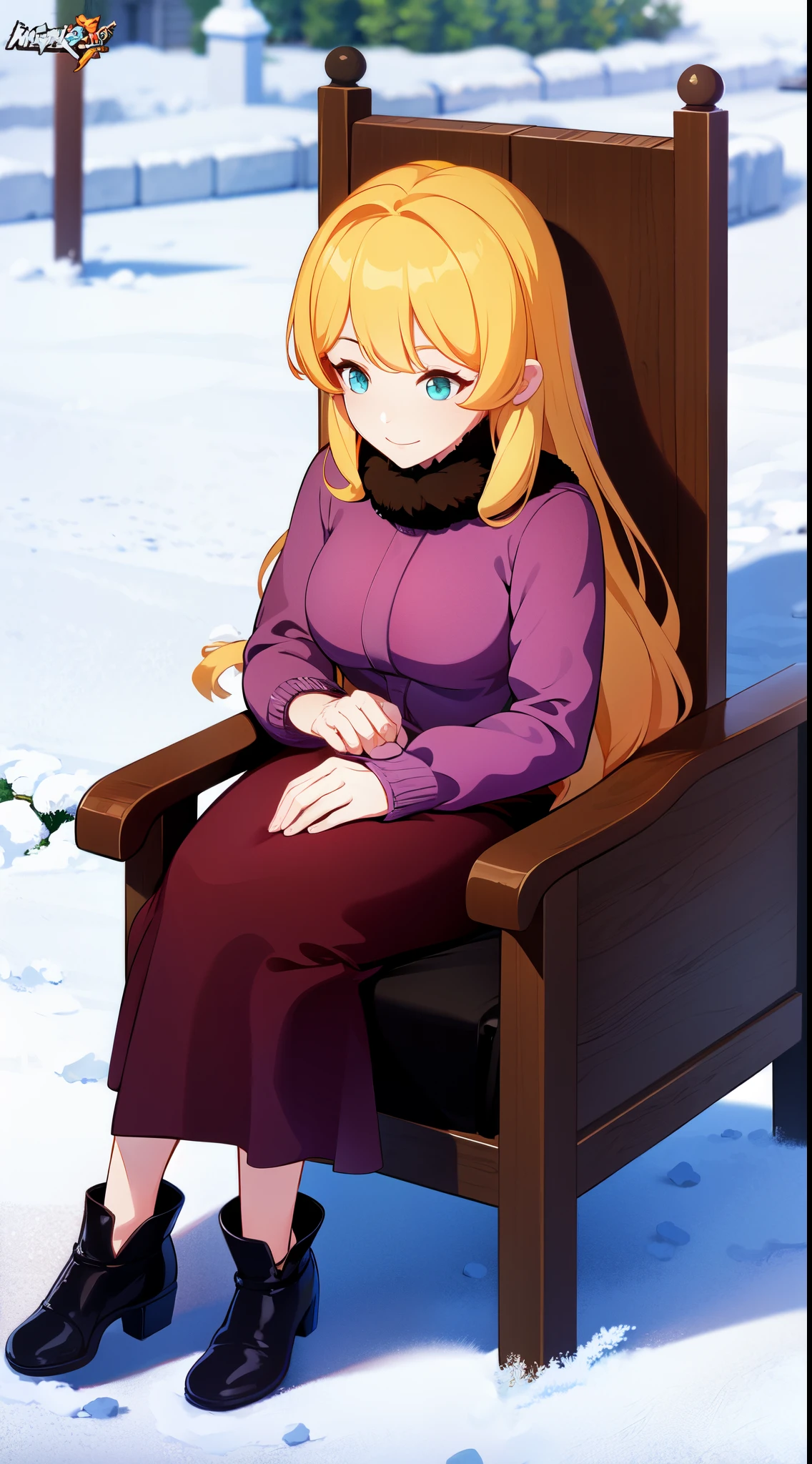 an adult girl sitting on chair, hi3rd, in snowy weather, wearing a princess dress