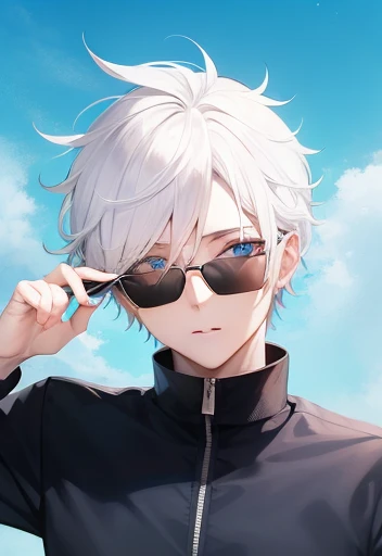 animesque, Gojo Gojo, Person, Sunglasses, White hair, Blue eyes, Delicate eyes,HD wallpaper, Jujutsu Kaisen, , Portrait of Satoru Gojo, tall anime man with blue eyes, with index finger, Jujutsu Kaisen