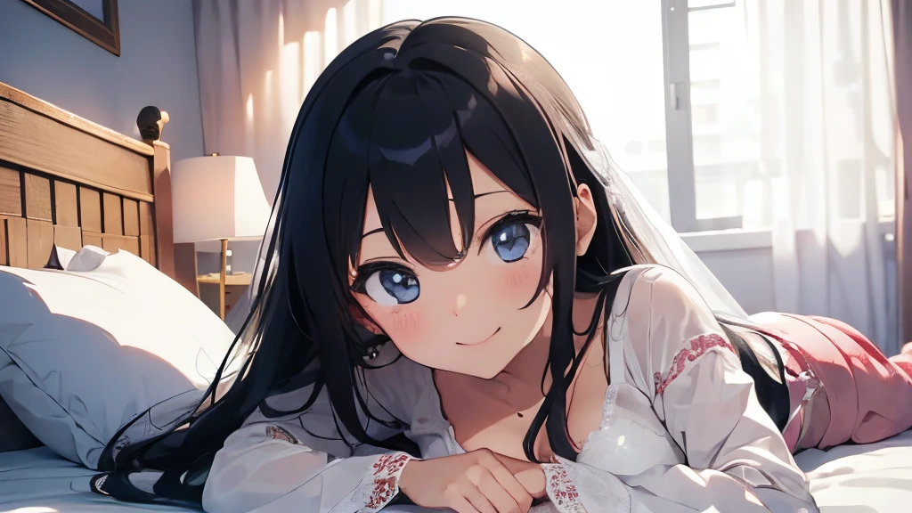 25 year old bride、With a very big smile、wearing pajamas、Lazing around in bed at home、Plain but cute、cabelos preto e longos、The illustrations are in the style of romance manga and anime.♪