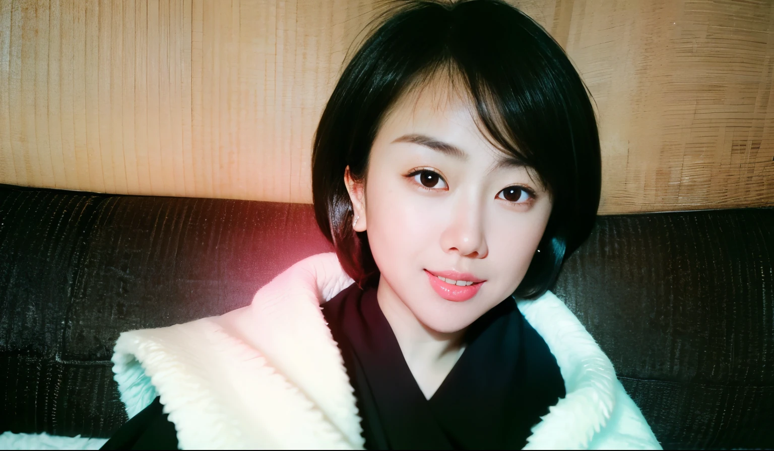 ((Best quality at best, 8K, tmasterpiece:1.3)), focal:1.2, Beautiful woman with perfect figure:1.2,  ((Cut your hair into layers:1.2)), , (Upper part of the body:1.3), Bandeau Dress:1.1, Highly Detailed Face and Skin Textur, A detailed eye, 二重まぶた，Whitening Skin,ssmile，The background is blurred，big beatiful eyes