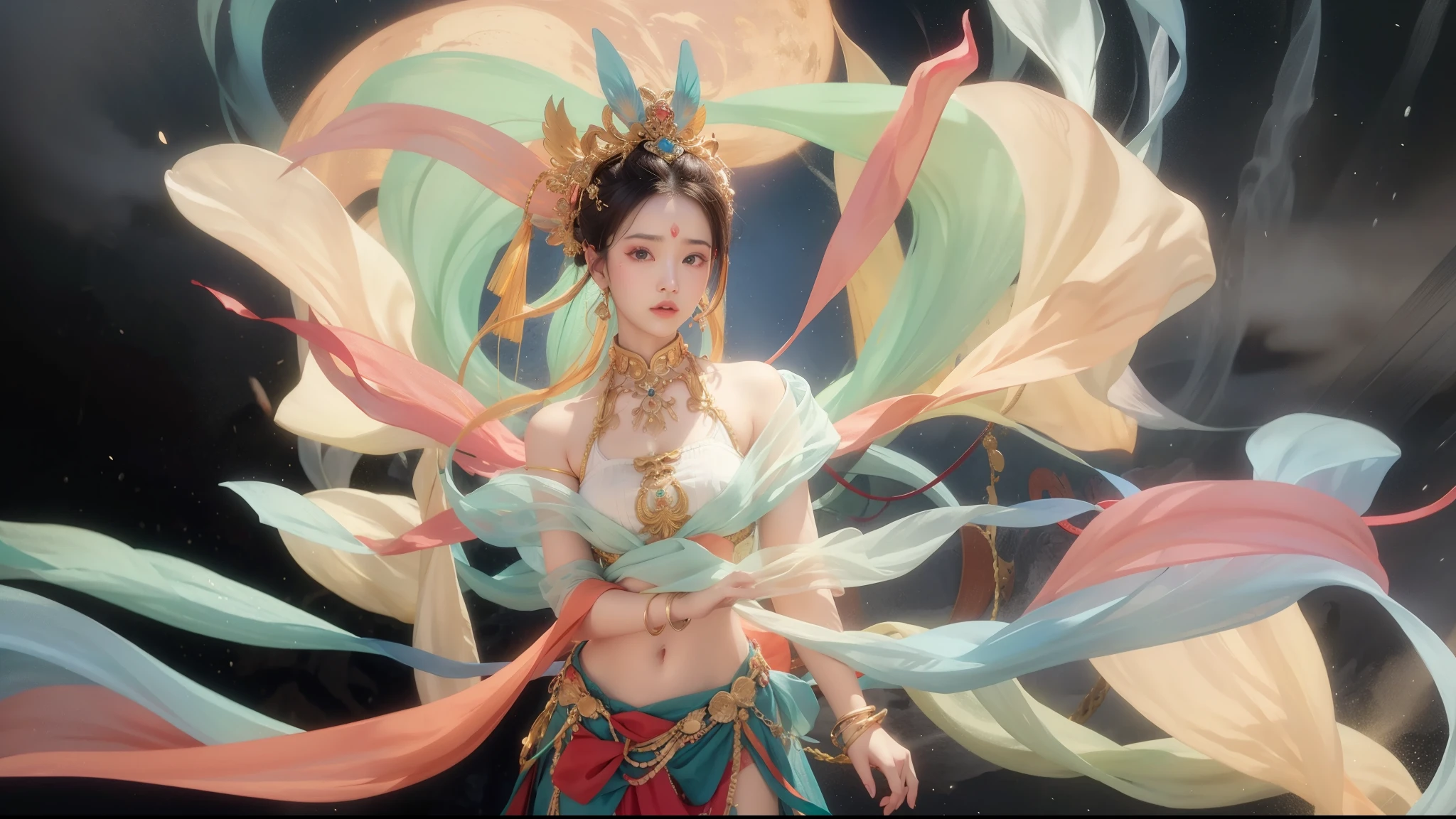 Bust photo, a beautiful woman, messy hair, girly, symmetrical bun, hair accessories, jewelry, delicate face, eye shadow, delicate cyan top, crop top, open button, Dunhuang style, a lot of streamers, cyan streamers, orange streamers, red streamers, delicate skin, soft light effects, delicate and smooth hair, delicate details, eye highlights, fair skin, fine portrayal, extreme details, cinematic quality, thin, slender, broken, hair details, thin bangs, shawl hair, correct body, shadows, air bangs, 8K, Super fine, fine fabric texture, soft, supple, smooth texture, Dunhuang style, delicate pattern, correct hand painting, smile, tsurime, surrealism, ray tracing, UHD, high details, super detail, highres, 8k, high quality, high details, textured skin, ccurate