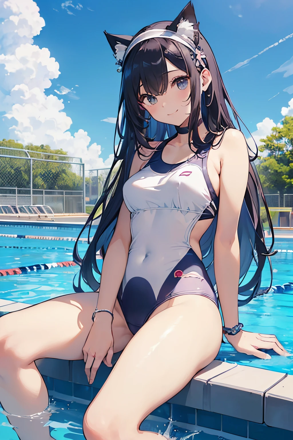 ((2D Beautiful Girl、top-quality、perfect fingers:1.1、perfect anatomia:1.1、Perfect outfit、face perfect:1.1、Beautiful illustration))、(transform sequence)、((cute decorative headband、swim wears)、sixteen years old、Solio、hime、Fractal Art、baby-face、((stright long hair))、(Slender and beautiful legs)、big drooping eyes、(full body photographed:1.1、Zoom out and shoot)、((1人))、The background is the blue sky and the school pool、cat ear、a smile