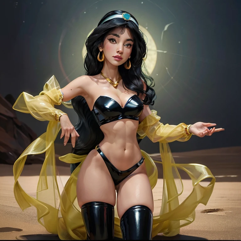 (8k, melhor qualidade, obra prima:1.2) 1girl, standing full body, pose sensual, Athletic body, medium muscle, uma garota muito sexy , olhos detalhado, nariz detalhado, boca detalhado, linda garota seios grandes, cintura fina, perfect hands, coxas charmosas corpo inteiro e cauda grande Olhos, detailed hands, extremamente detalhados, Arabia, black latex bikini