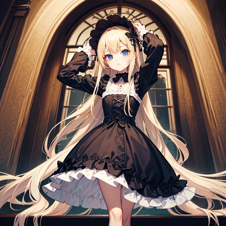 Gothic ta、girl with、ribon、a blond、The long-haired、kawaii、face perfect、Full body standing、