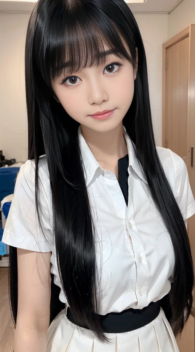 Wearing a white school uniform、brunette arafid asian schoolgirl, Those girls' The avatar is cute and exquisite, The smile is a bit cute, young and lovely Asian face, Young and cute Korean face, Cute and exquisite side face avatar, Beautiful Asian schoolgirl, Gorgeous young Korean schoolgirl, Smile is cute and charming, sweetly laugh, slight smile expression, 8K soft light portrait shooting,8K, Ultra-fine smooth black shampoo,straight, silky black hair,black long straight hair,Silky black hair trembling,Smooth black long straight hair,Her straight, Silky brunette dances non-stop,Smooth black straight hair keeps flying,Extremely smooth straight hair,Super Long Straight Hair,Very soft,black hair color hair, Straight hair one meter long,A Lot of Hair,Hair strands are clearly visible,The hair is thick,Top hair quality,The hair is too smooth,Hair is unusually smooth,The shine of the hair is dazzling,